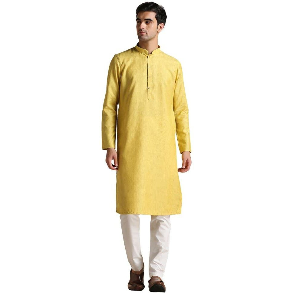 Manyavar Kurta Set for Men, Full Sleeves Mandarin Collar Ethnic Men's Kurta Set For Engagement, Wedding, Party Art Silk Solid (Yellow, XL)