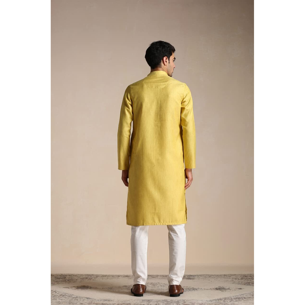 Manyavar Kurta Set for Men, Full Sleeves Mandarin Collar Ethnic Men's Kurta Set For Engagement, Wedding, Party Art Silk Solid (Yellow, XL)