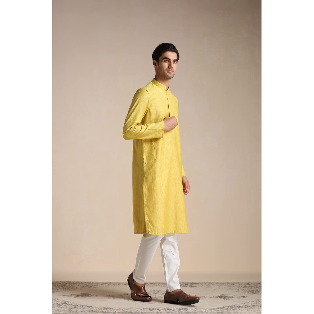 Manyavar Kurta Set for Men, Full Sleeves Mandarin Collar Ethnic Men's Kurta Set For Engagement, Wedding, Party Art Silk Solid (Yellow, XL)