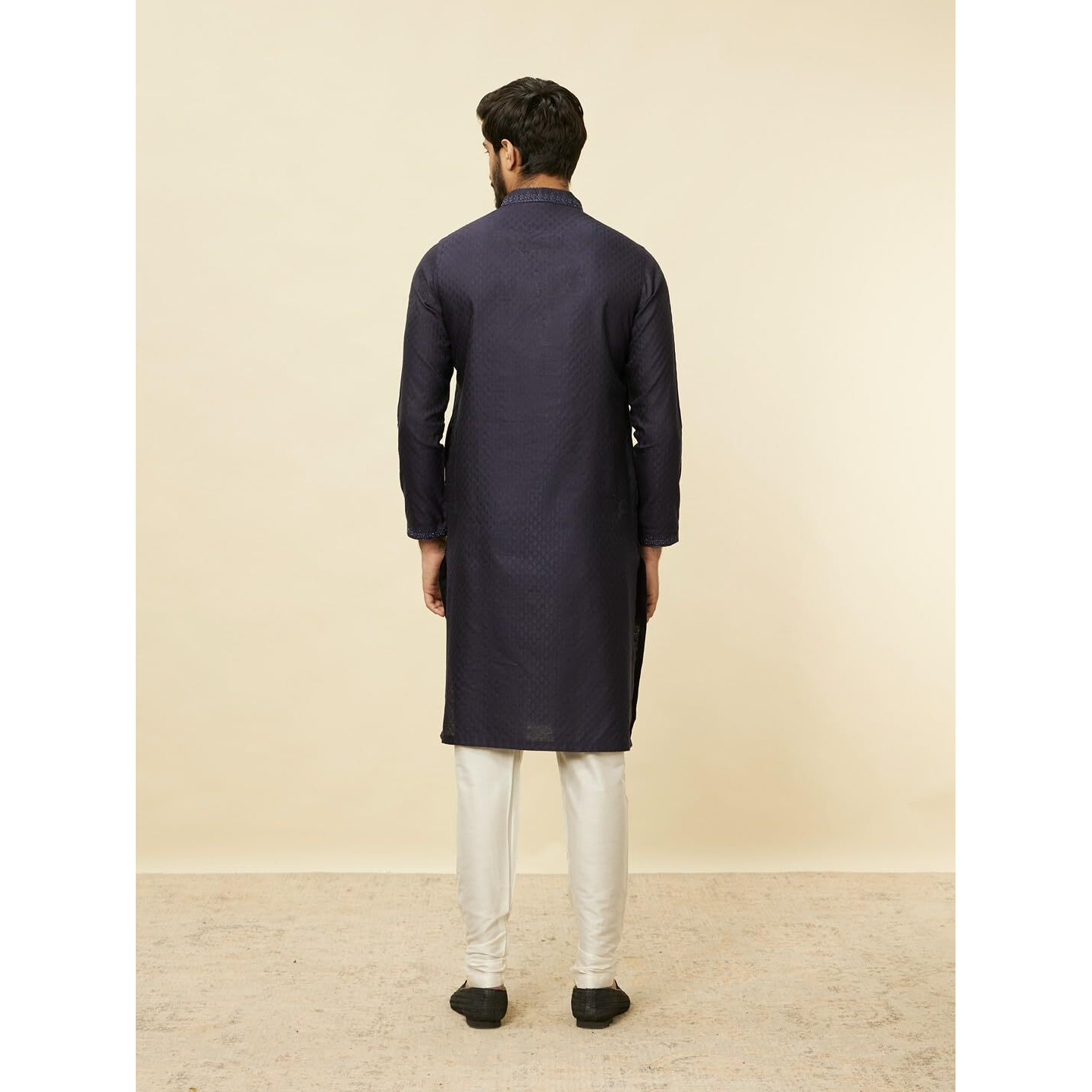 Manyavar Mens Blue Blended Viscose Self Design Kurta Pyjama Set