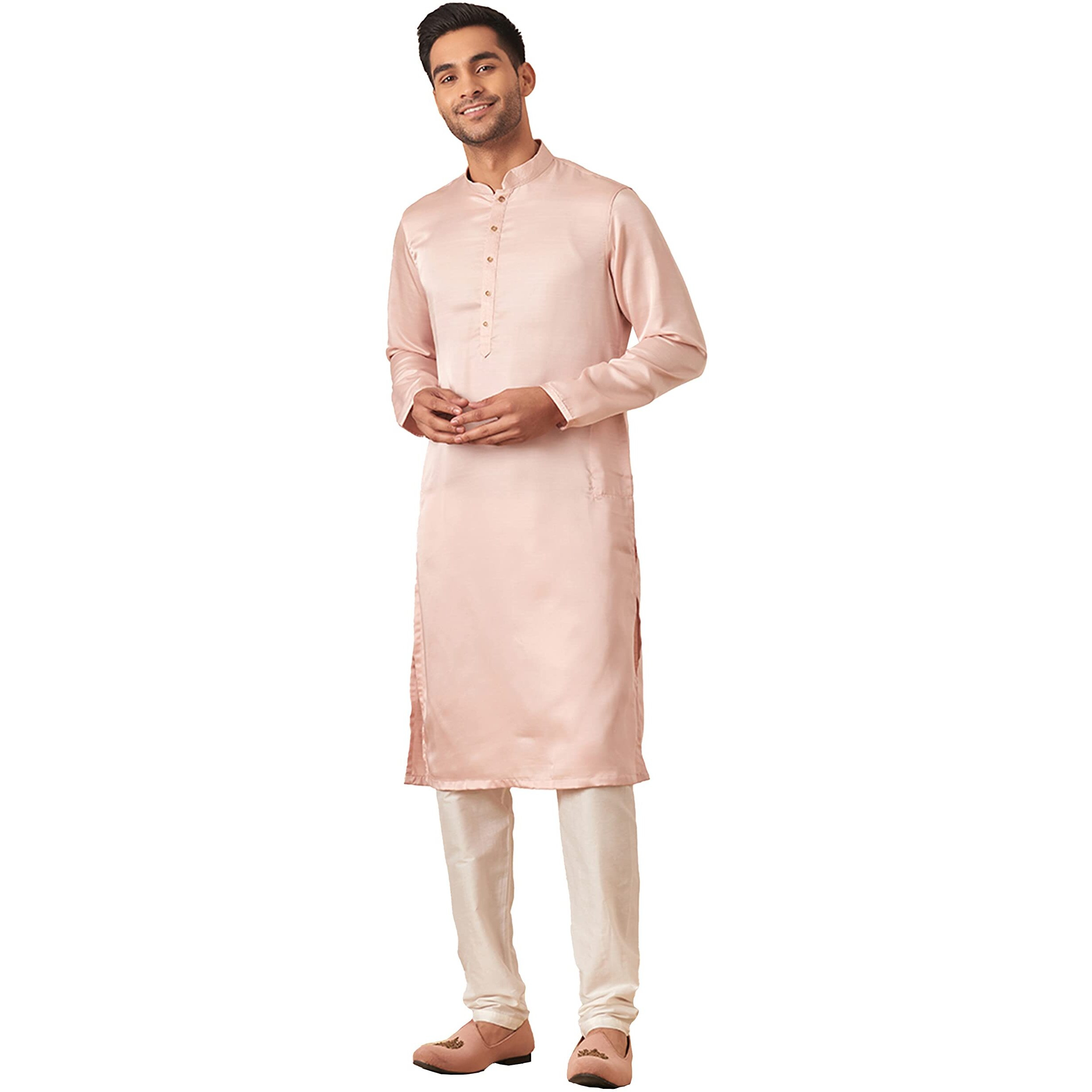 Manyavar Kurta Set For Men, Full Sleeves Mandarin Collar Ethnic Kurta & Payjama Set Art Silk Solid Set (Pink, M)
