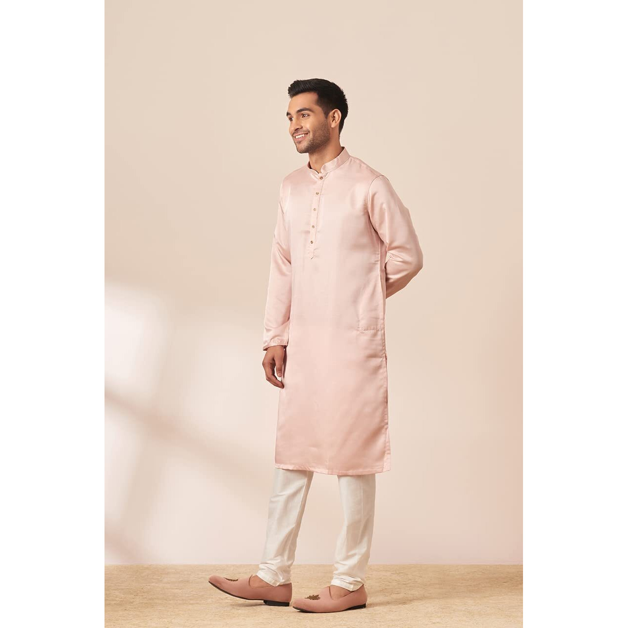 Manyavar Kurta Set For Men, Full Sleeves Mandarin Collar Ethnic Kurta & Payjama Set Art Silk Solid Set (Pink, M)