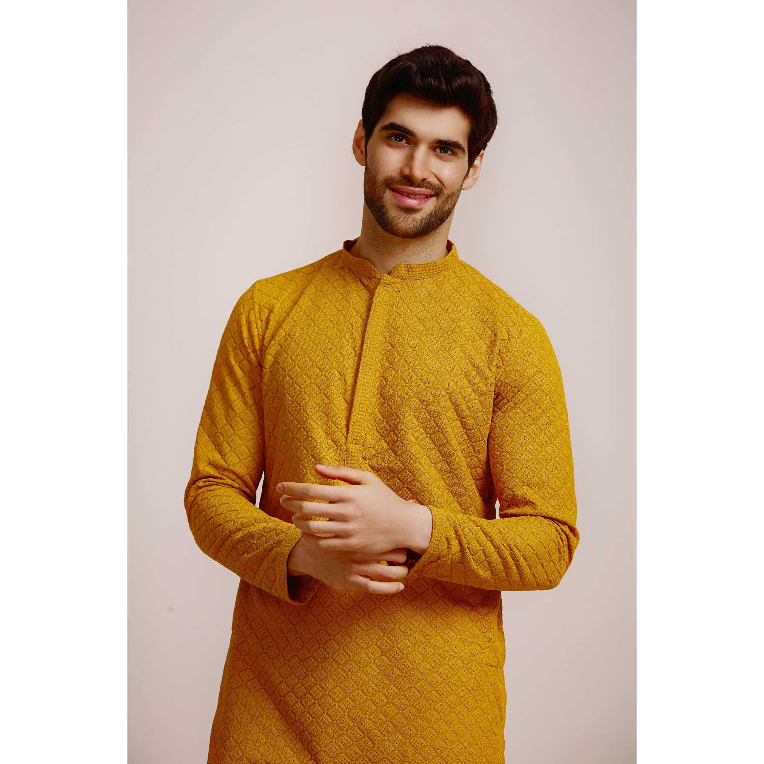 Manyavar Mustard Blended Cotton Full Sleeve Kurta Set | Traditional Kurta Set For Men (XXL)