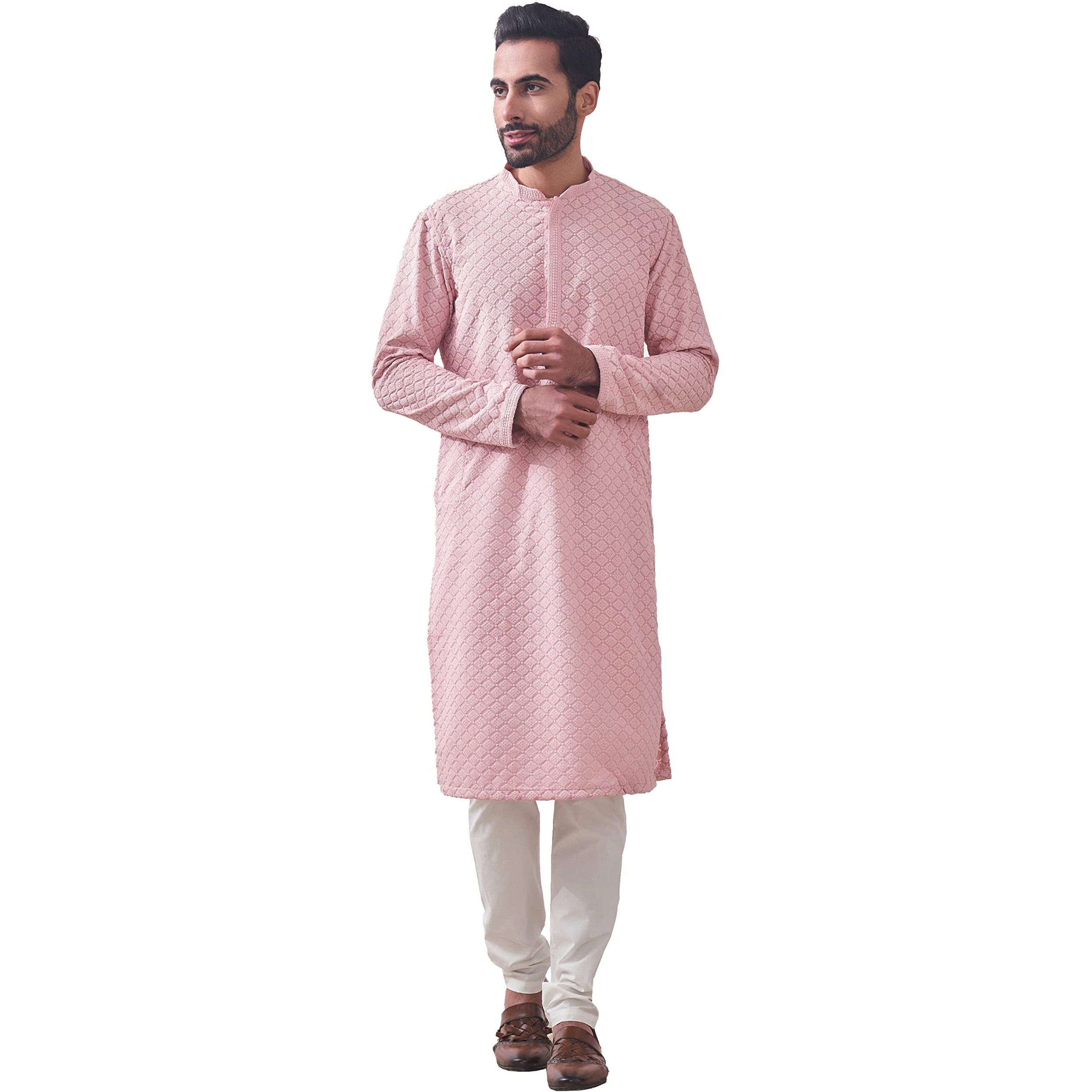 Manyavar Pink Blended Cotton Full Sleeve Kurta Set | Traditional Kurta Set For Men (L)