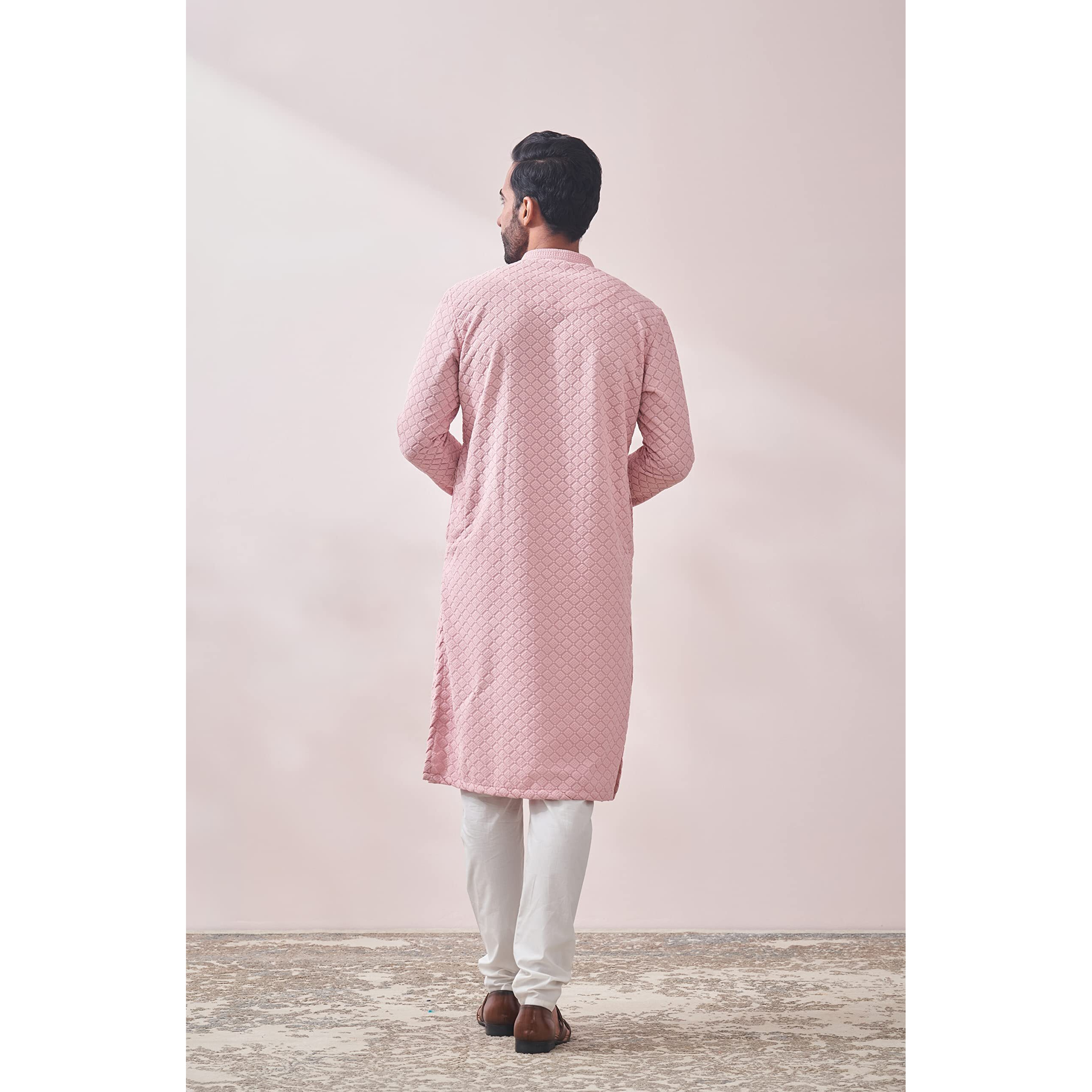 Manyavar Pink Blended Cotton Full Sleeve Kurta Set | Traditional Kurta Set For Men (L)