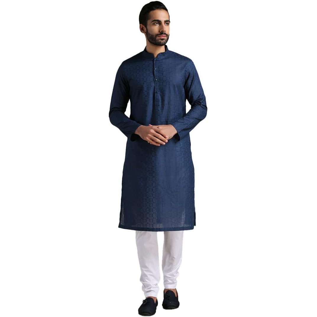 Manyavar Kurta Set for Men, Full Sleeves Mandarin Collar Ethnic Men's Kurta Set For Engagement, Wedding, Party Cotton All Over Self Design (Blue, XL)