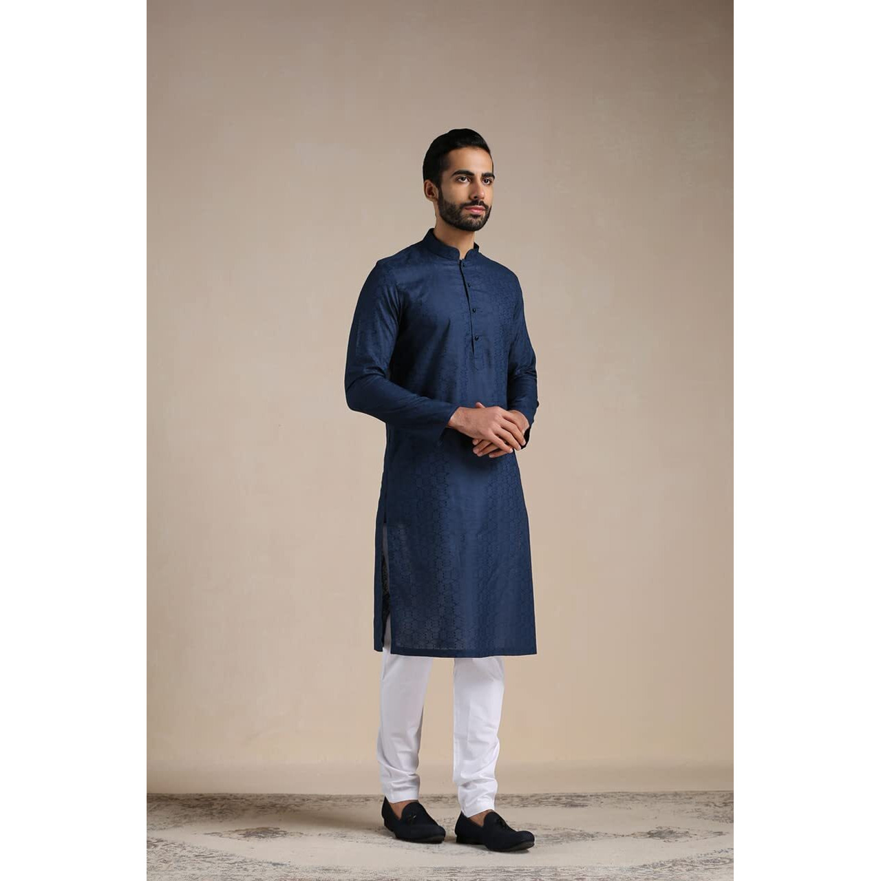 Manyavar Kurta Set for Men, Full Sleeves Mandarin Collar Ethnic Men's Kurta Set For Engagement, Wedding, Party Cotton All Over Self Design (Blue, XL)