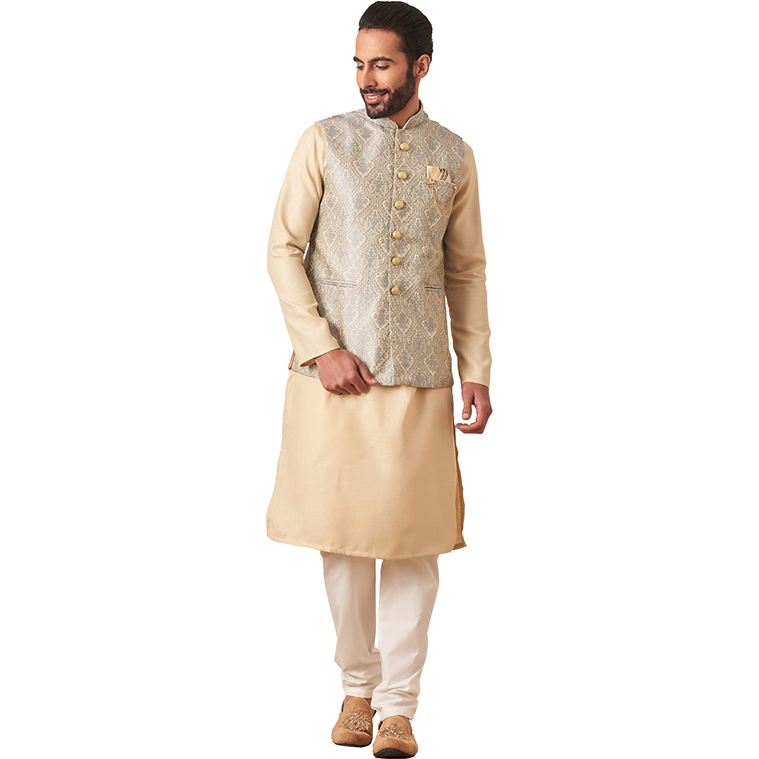 Manyavar Mens Jacket, Nehru Jacket for Men, Ethnic Jacket For Festival, Wedding, Party, Sleevless Jacket Printed Brocade (Grey, M)
