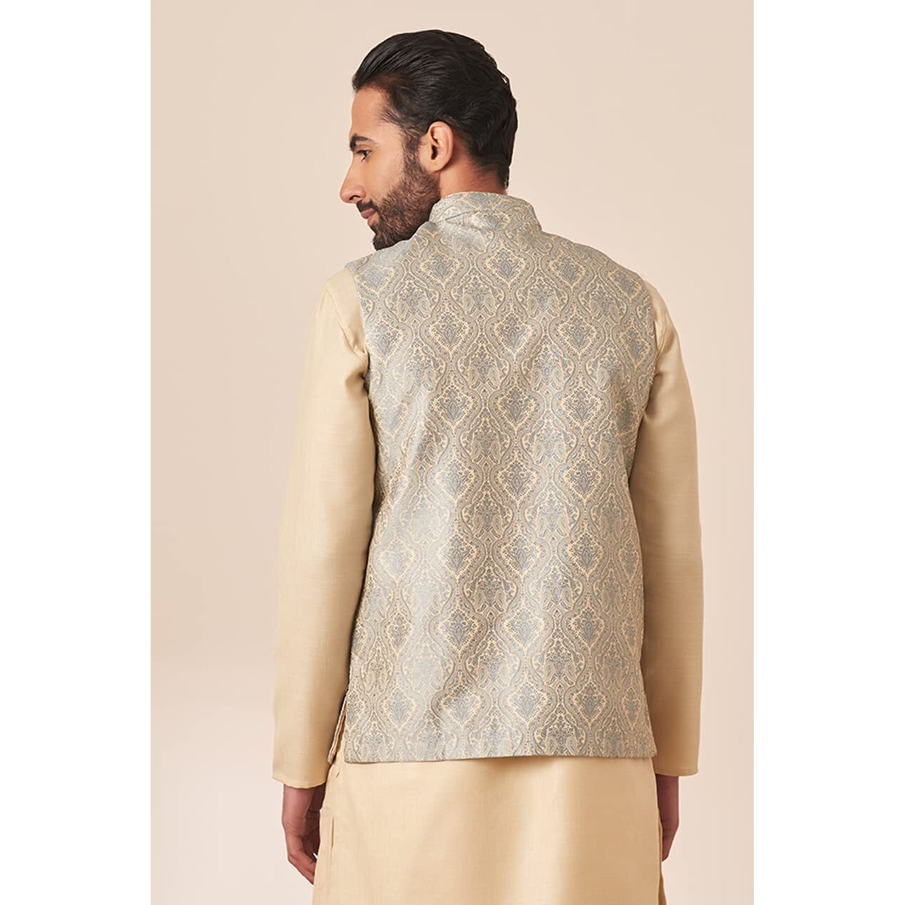 Manyavar Mens Jacket, Nehru Jacket for Men, Ethnic Jacket For Festival, Wedding, Party, Sleevless Jacket Printed Brocade (Grey, M)
