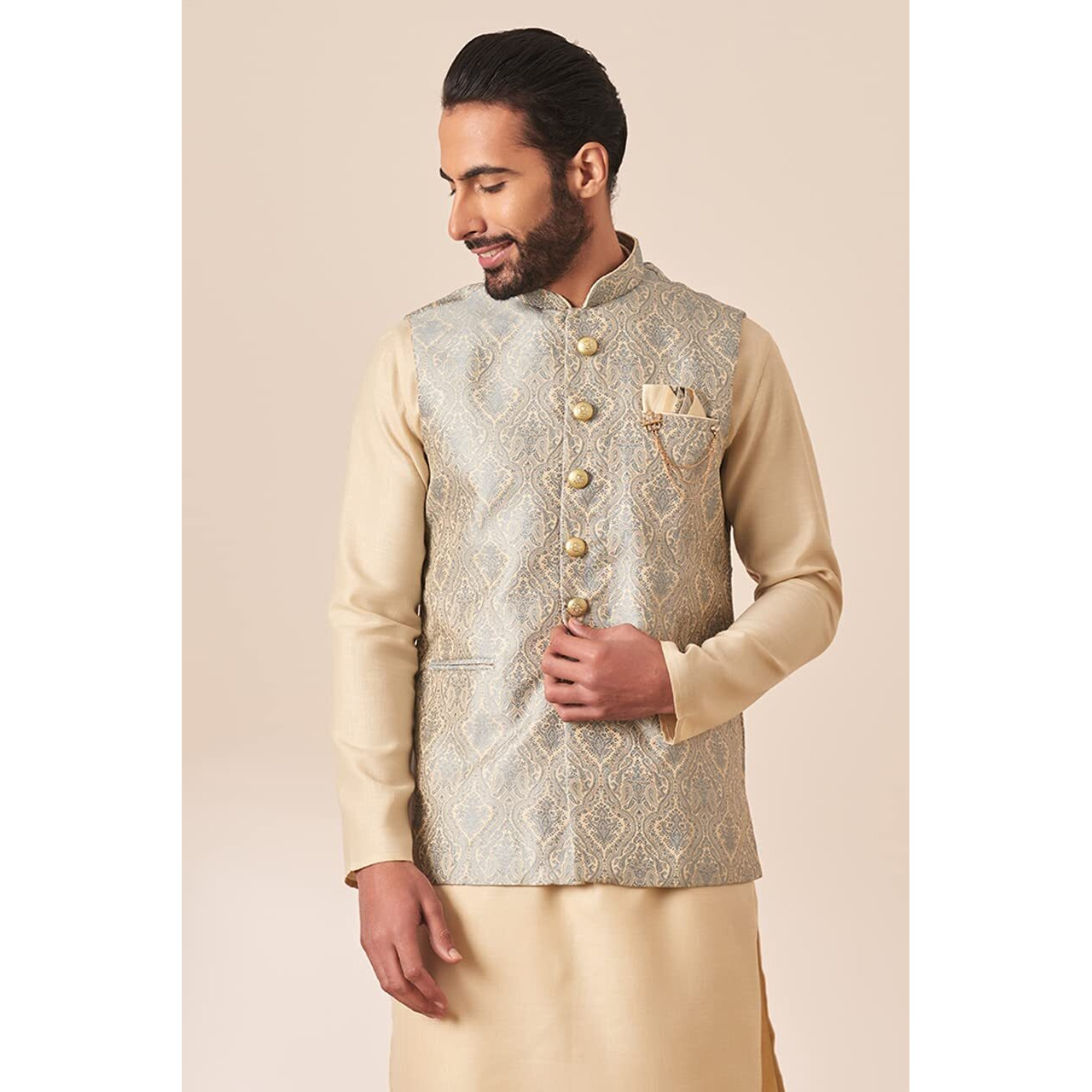 Manyavar Mens Jacket, Nehru Jacket for Men, Ethnic Jacket For Festival, Wedding, Party, Sleevless Jacket Printed Brocade (Grey, M)