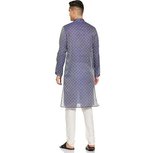 Manyavar Blue Art Silk Self Design Casual Kurta Set for Men