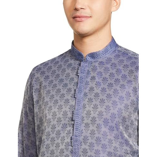Manyavar Blue Art Silk Self Design Casual Kurta Set for Men