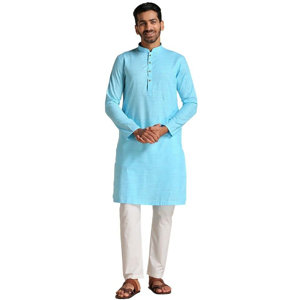 Manyavar Men's Kurta, Full Sleeves Mandarin Collar Ethnic Knee Length Kurta Only, Kurta for Festival, Wedding, Party, Anniversary, Blue