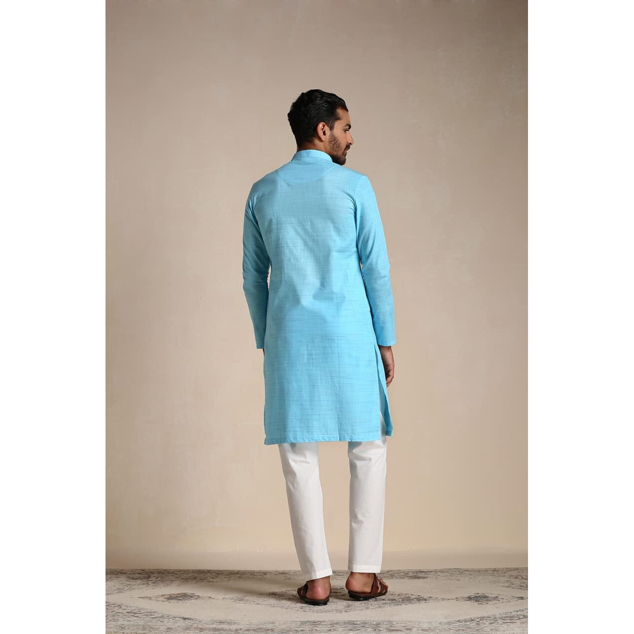 Manyavar Men's Kurta, Full Sleeves Mandarin Collar Ethnic Knee Length Kurta Only, Kurta for Festival, Wedding, Party, Anniversary, Blue