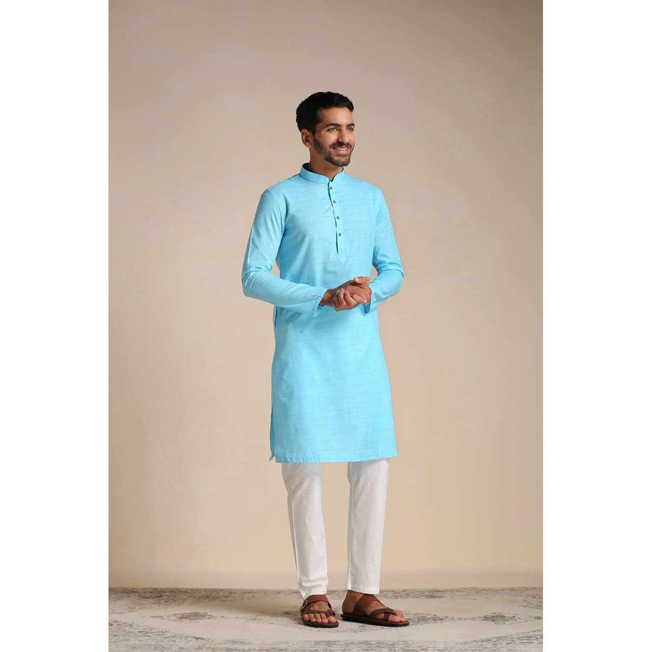 Manyavar Men's Kurta, Full Sleeves Mandarin Collar Ethnic Knee Length Kurta Only, Kurta for Festival, Wedding, Party, Anniversary, Blue