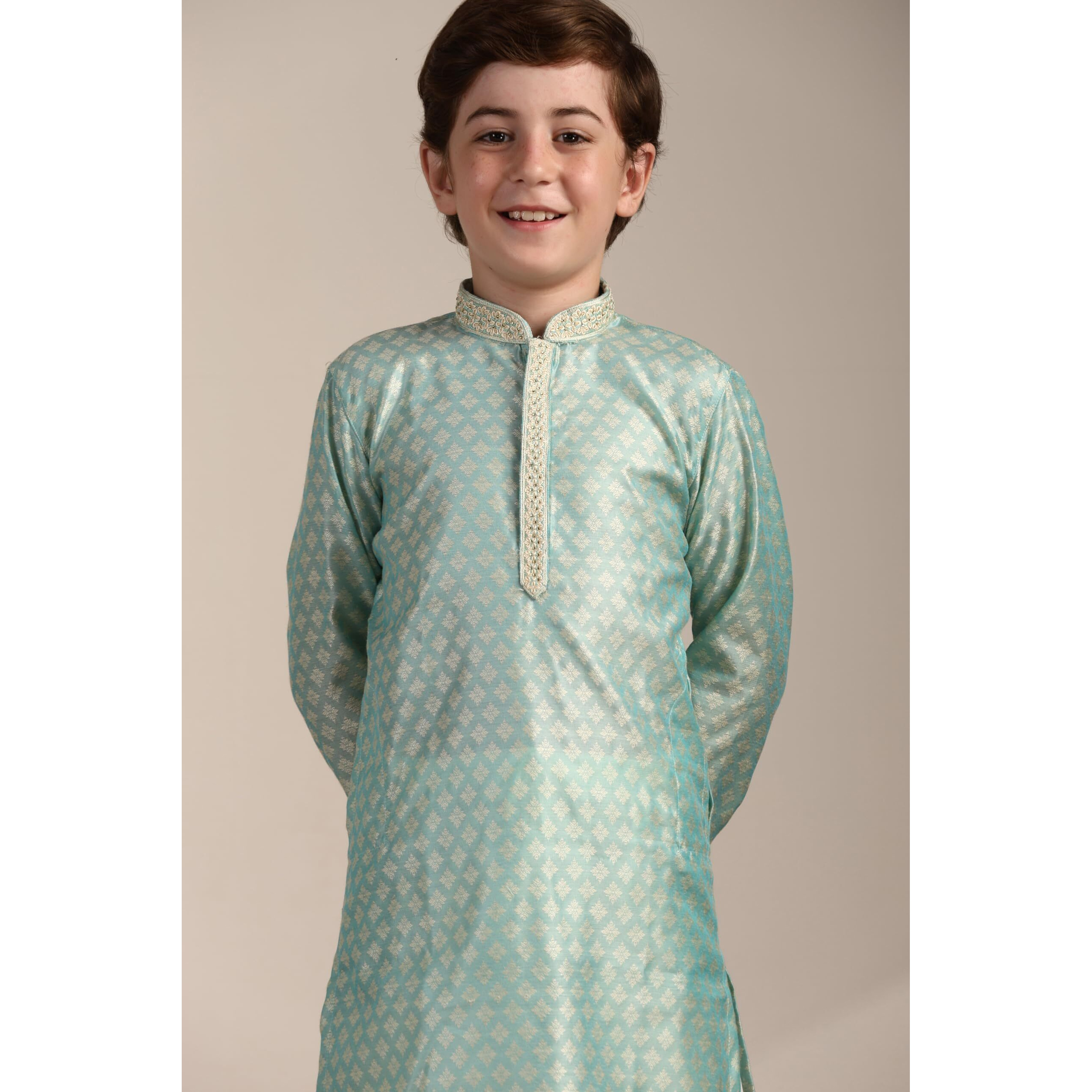 Manyavar Boys Green Art Silk Kurta Pyjama Set