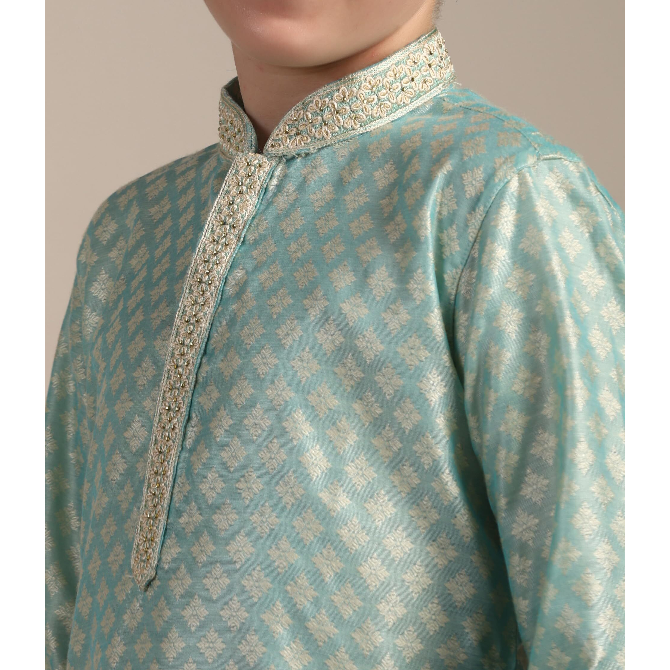 Manyavar Boys Green Art Silk Kurta Pyjama Set