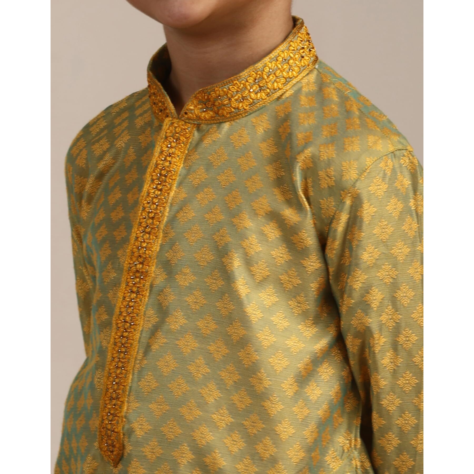 Manyavar Boys Green Art Silk Kurta Pyjama Set