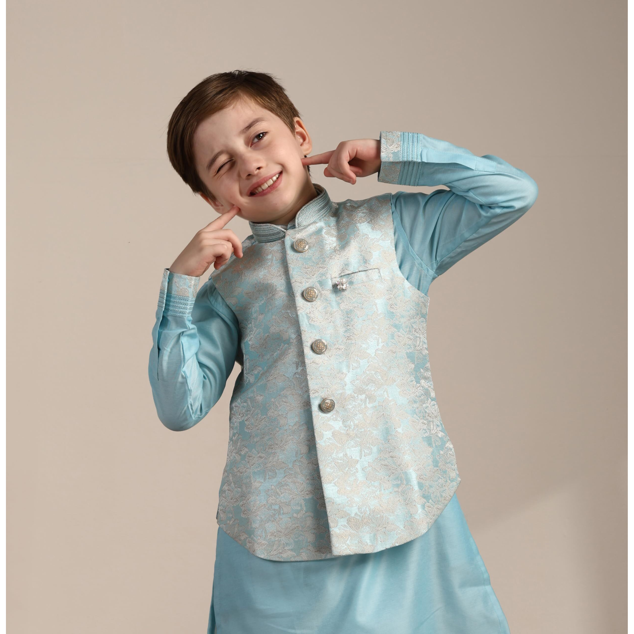 Manyavar Boys Green Art Silk Kurta Jacket Pyjama Set