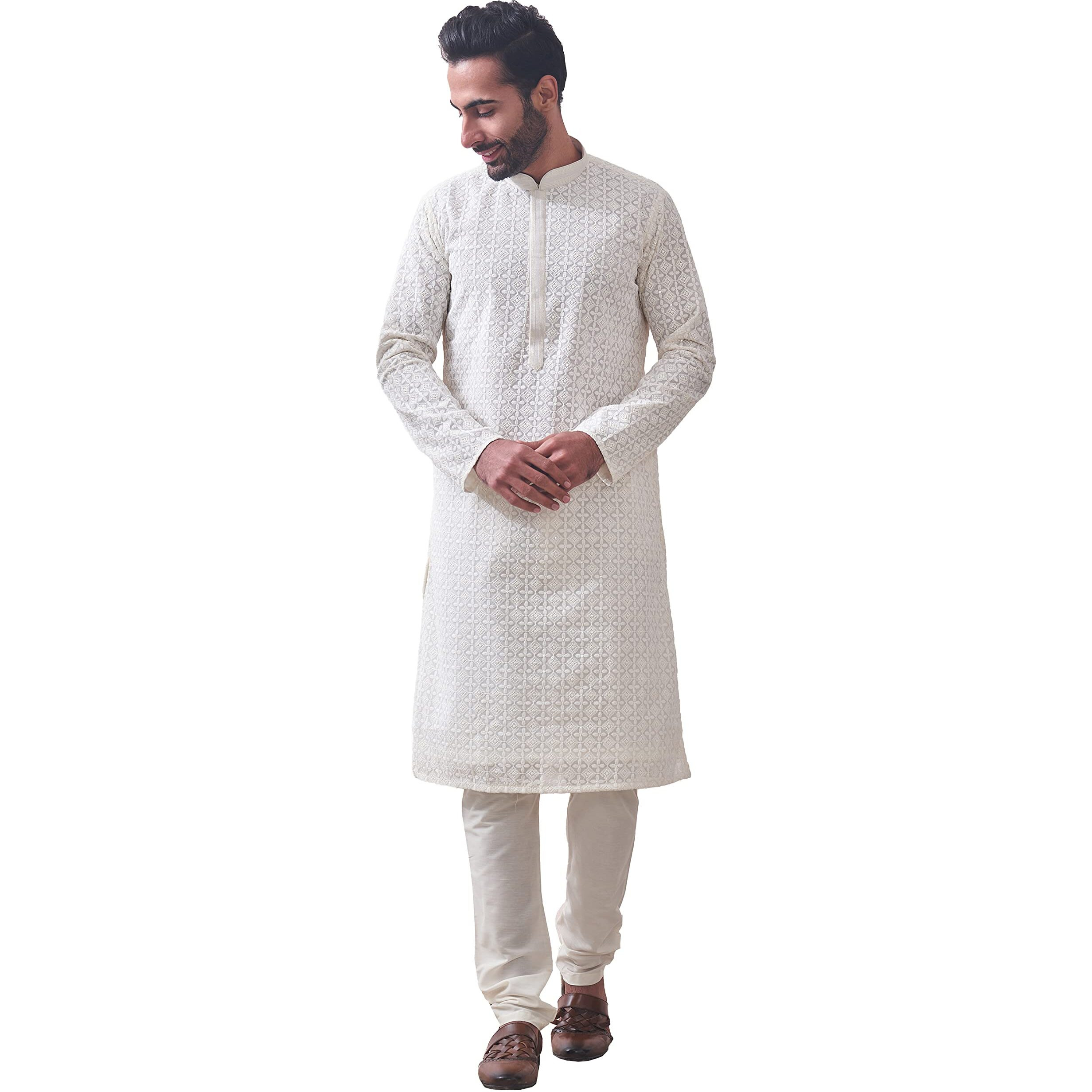 Manyavar Off White/Cream Georgette Full Sleeve Kurta Set | Traditional Kurta Set For Men (XL)