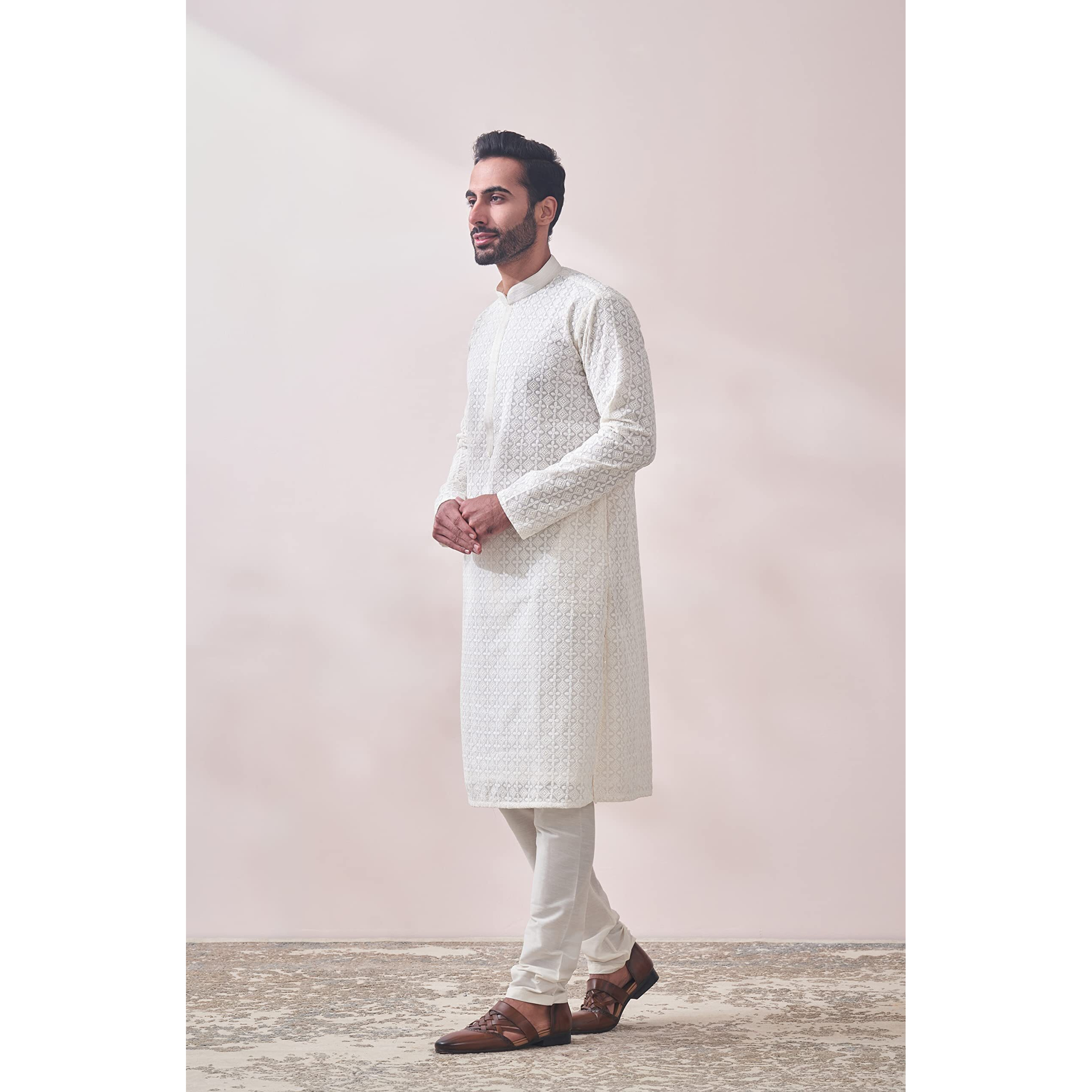 Manyavar Off White/Cream Georgette Full Sleeve Kurta Set | Traditional Kurta Set For Men (XL)
