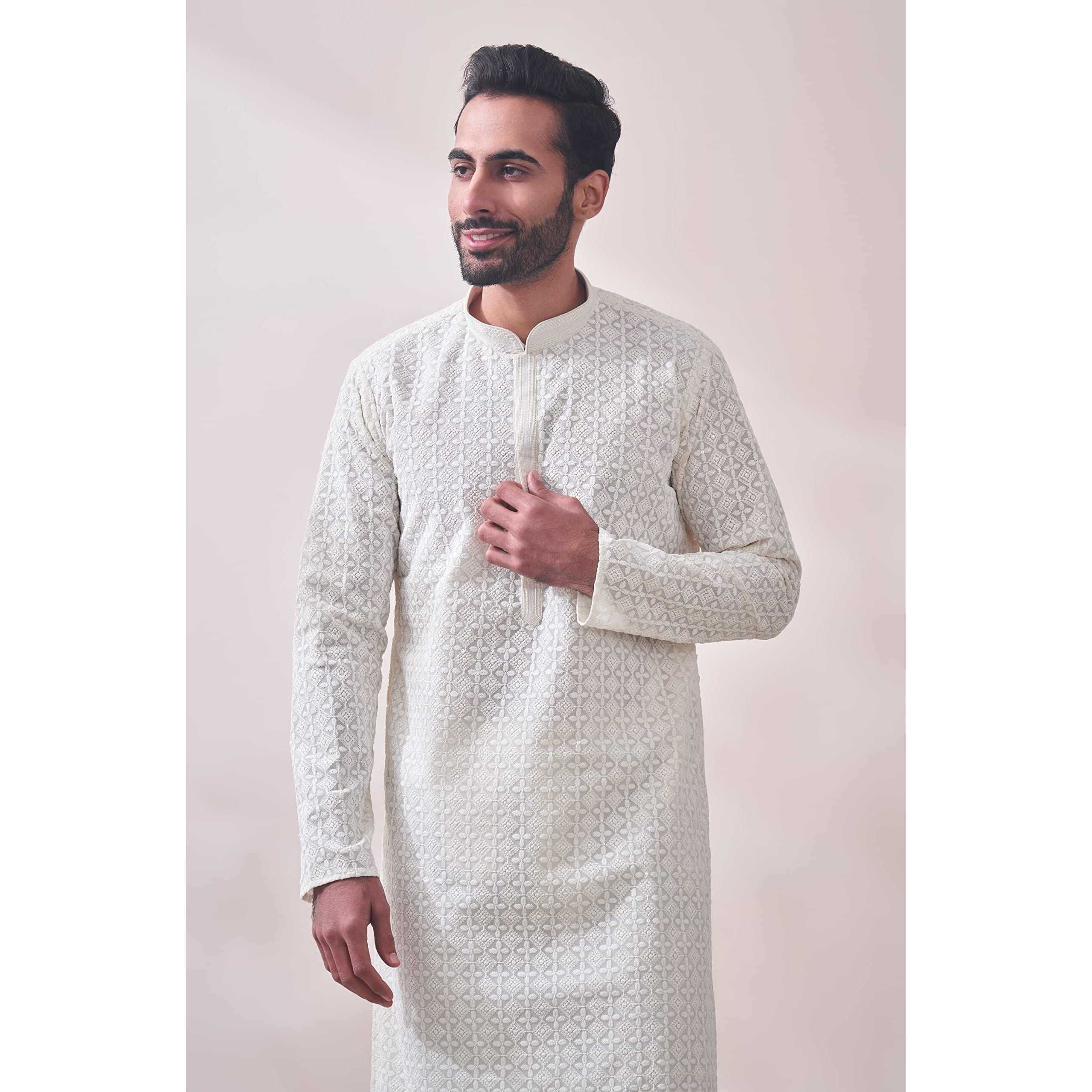 Manyavar Off White/Cream Georgette Full Sleeve Kurta Set | Traditional Kurta Set For Men (XL)