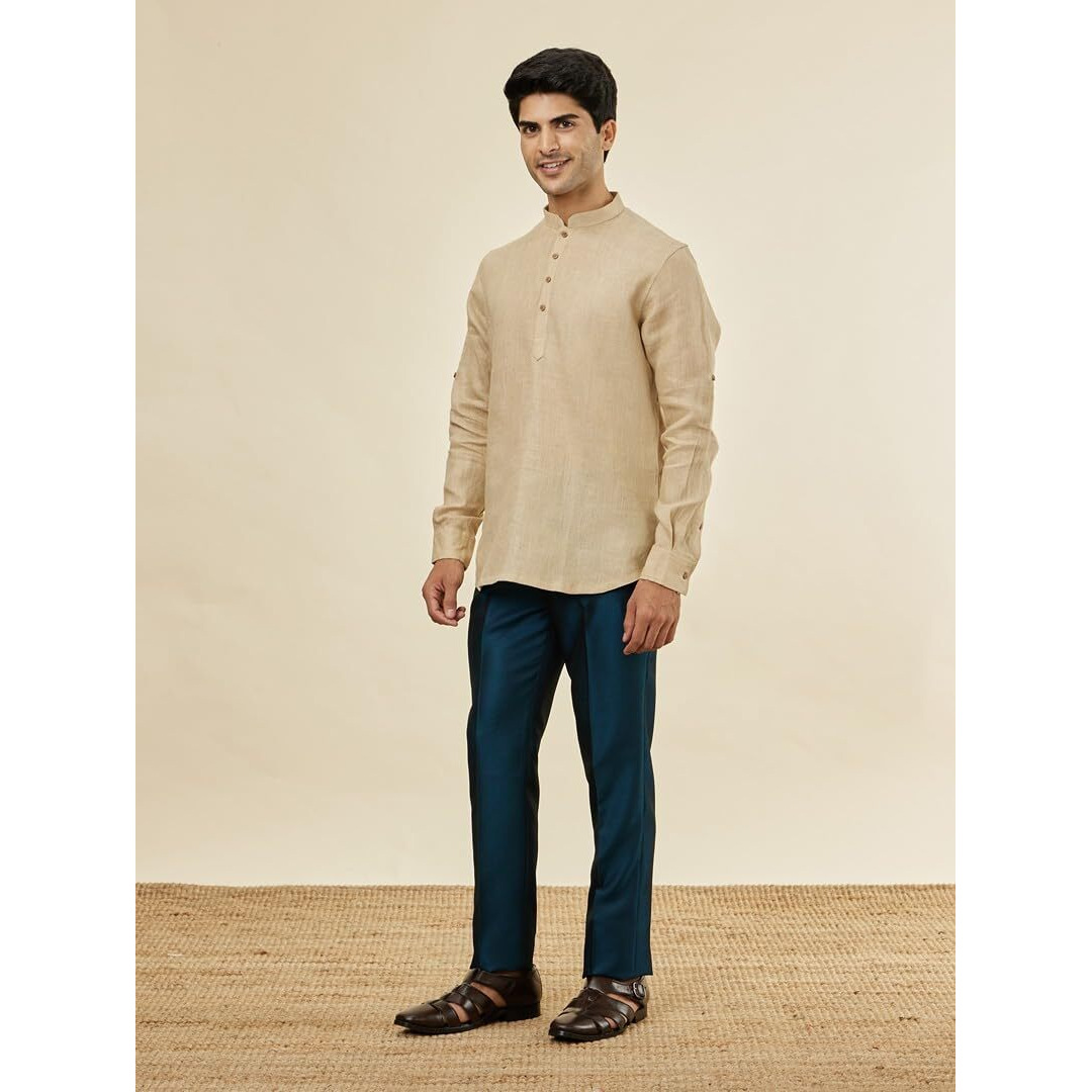 Manyavar Mens Fawn Linen Short Kurta