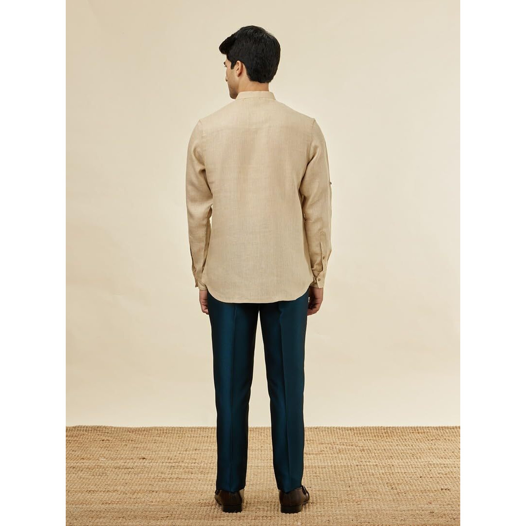 Manyavar Mens Fawn Linen Short Kurta