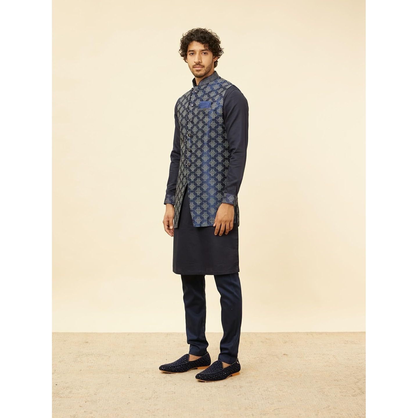 Manyavar Mens Blue Art Silk Self Design Kurta Pyjama Jacket Set