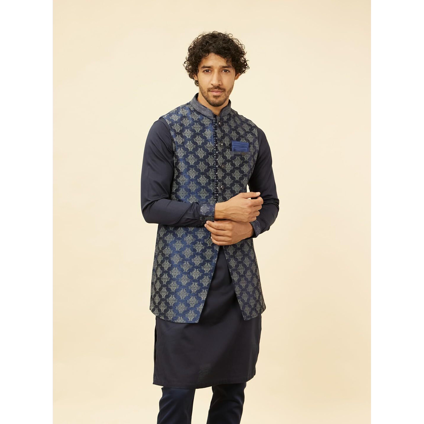 Manyavar Mens Blue Art Silk Self Design Kurta Pyjama Jacket Set