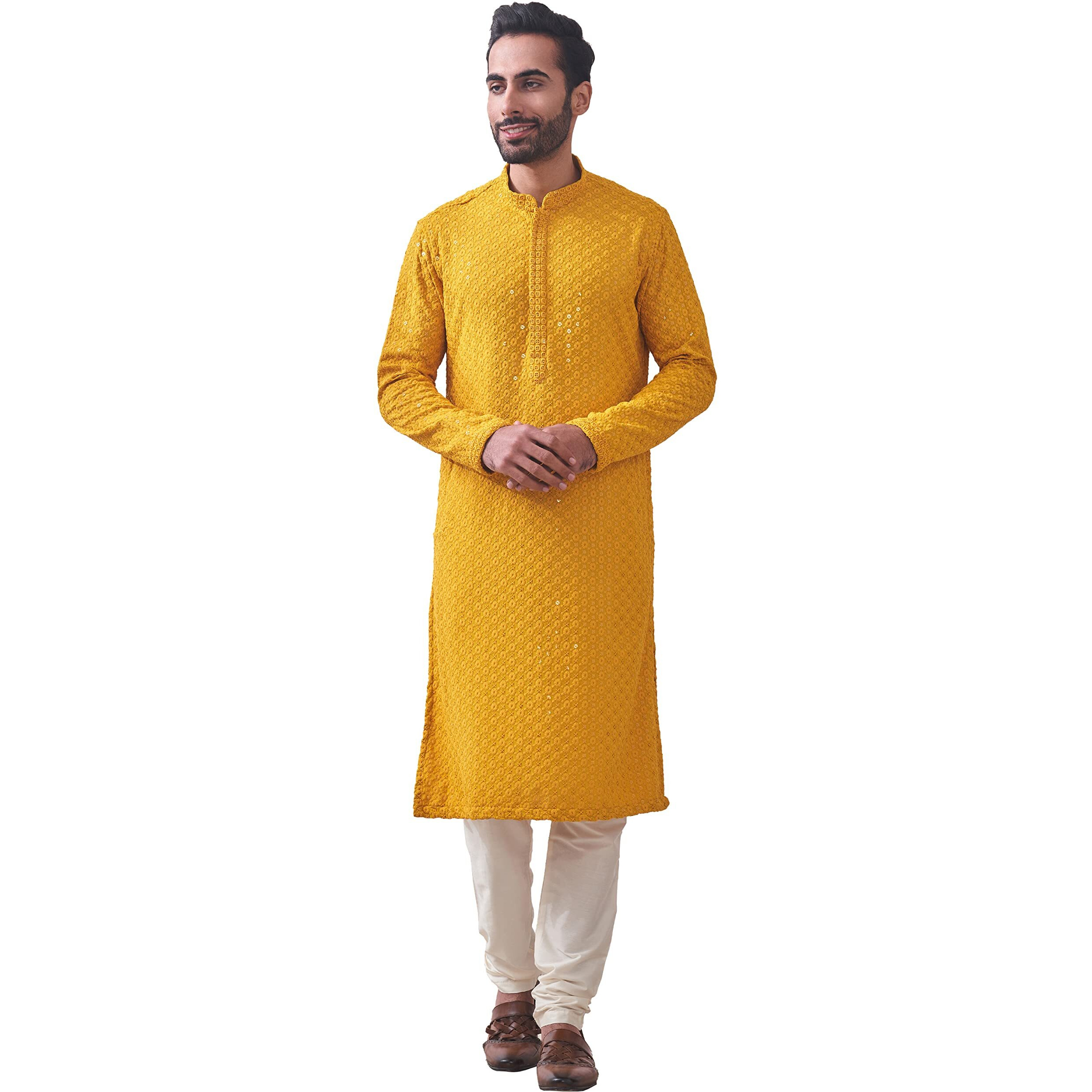 Manyavar Mustard Viscose Full Sleeve Kurta Set | Traditional Kurta Set for Men (M)