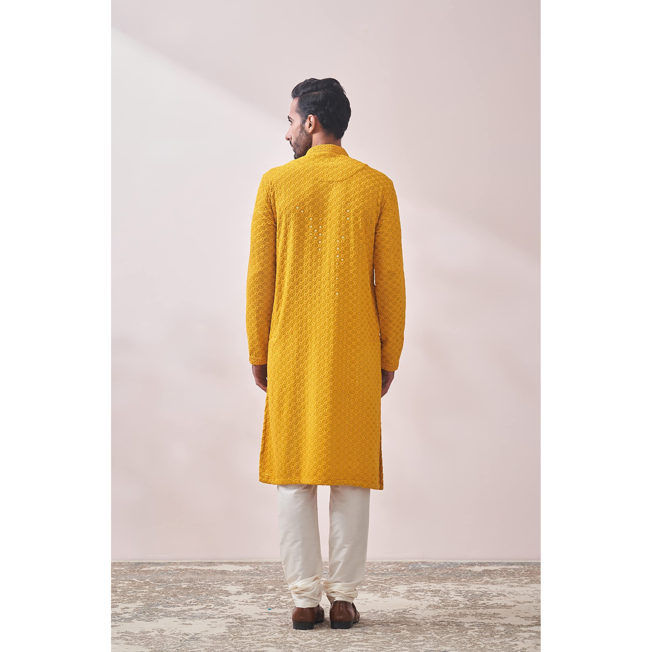 Manyavar Mustard Viscose Full Sleeve Kurta Set | Traditional Kurta Set for Men (M)