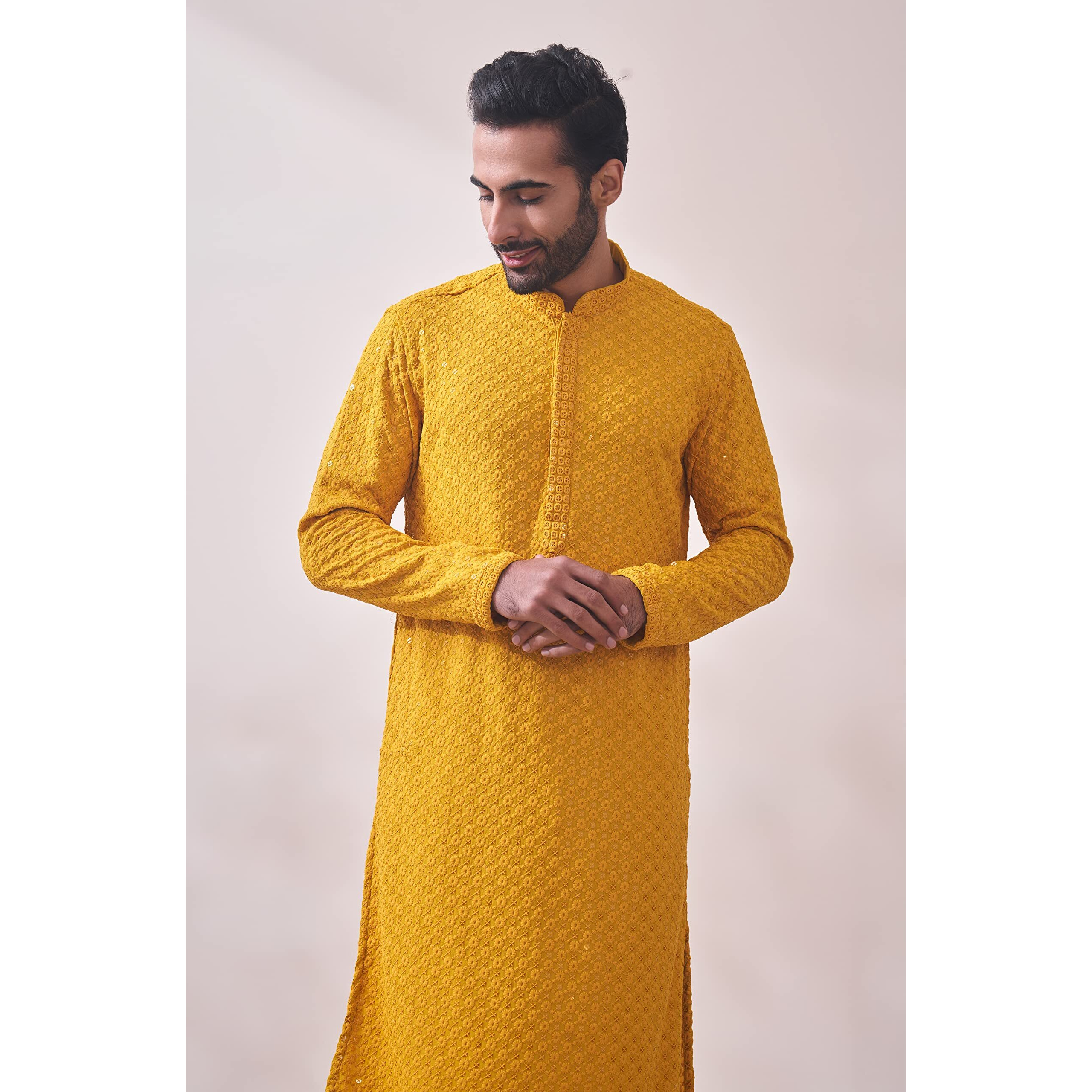 Manyavar Mustard Viscose Full Sleeve Kurta Set | Traditional Kurta Set for Men (M)