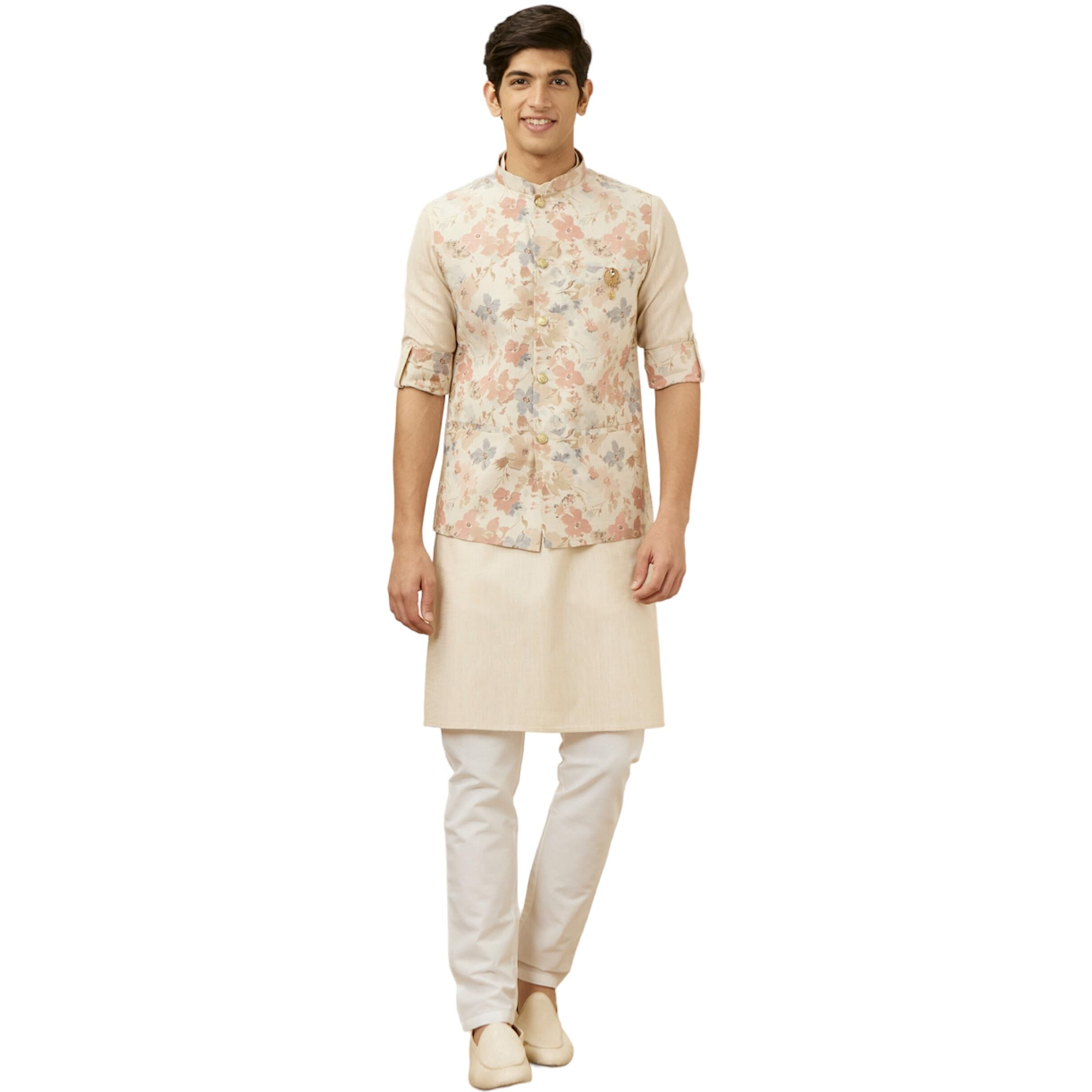 Manyavar Men's Blended Linen Printed Full Sleeves Casual,Traditional Jacket Pant Set (Beige, L)
