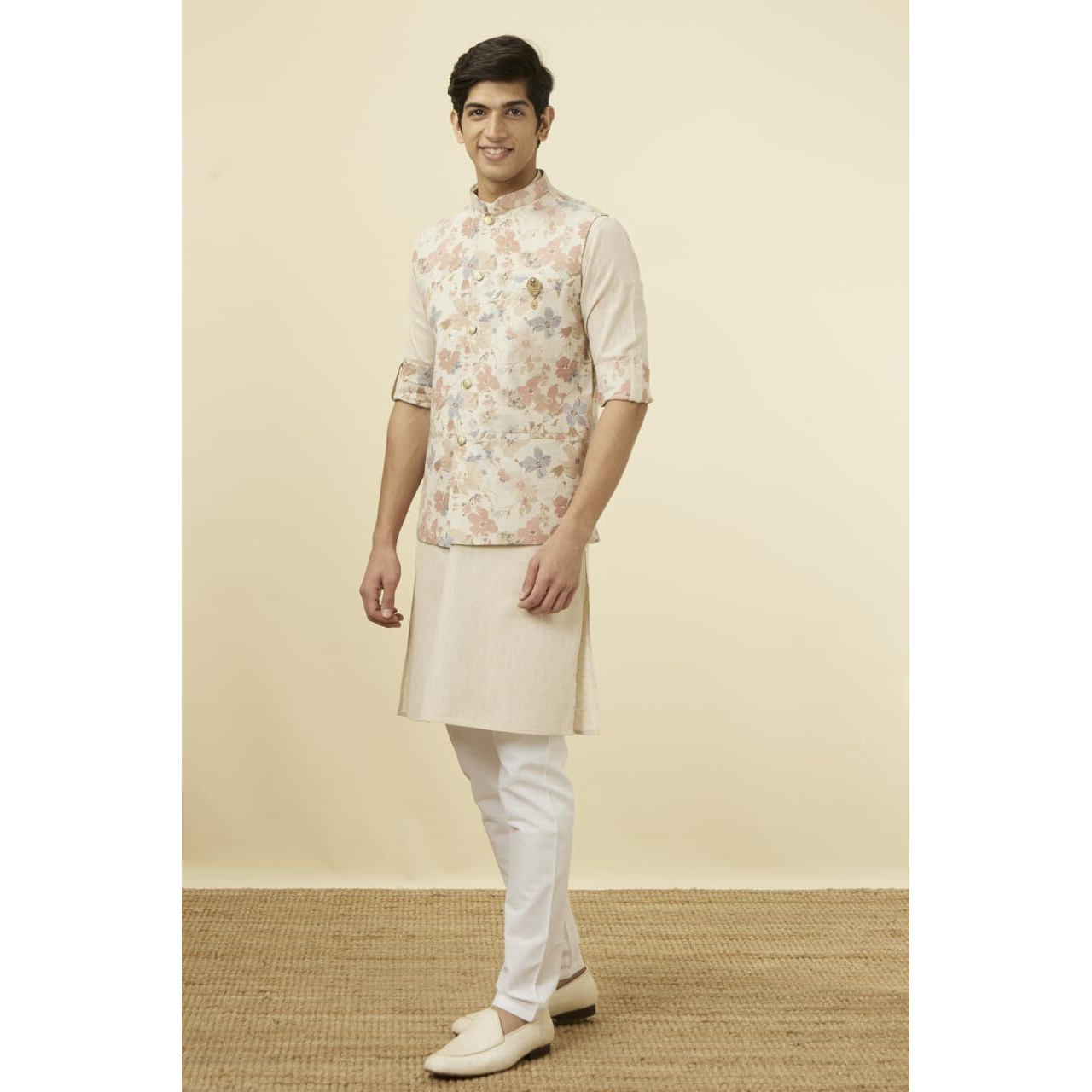 Manyavar Men's Blended Linen Printed Full Sleeves Casual,Traditional Jacket Pant Set (Beige, L)