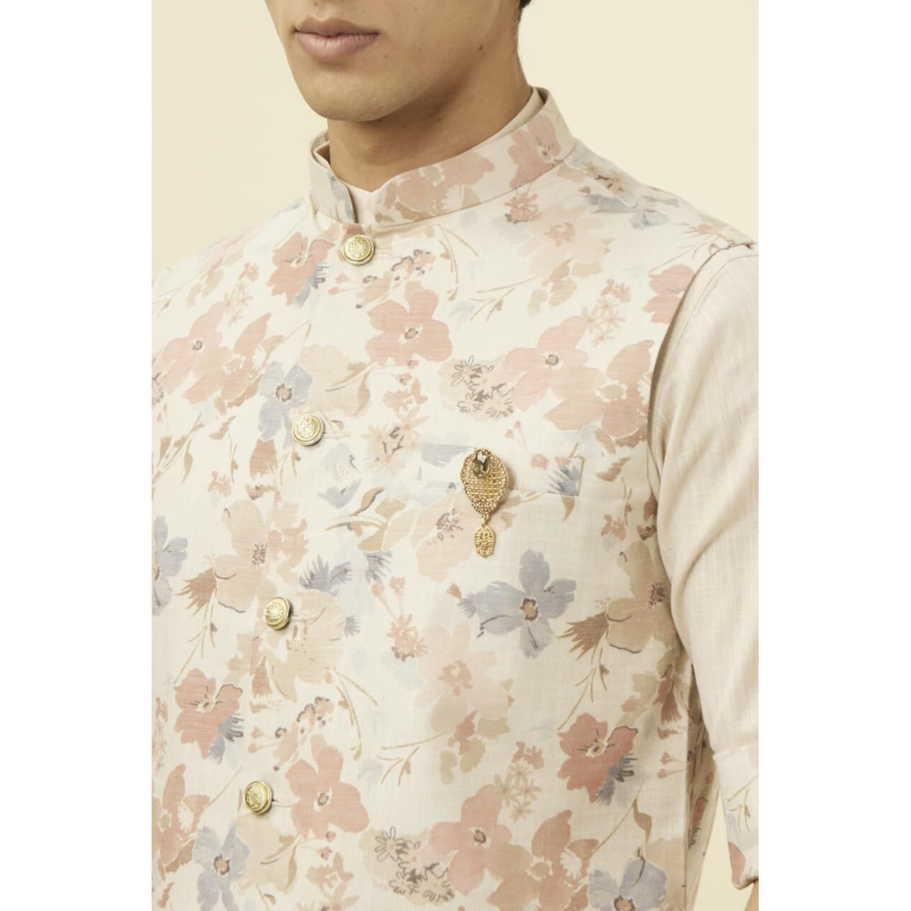 Manyavar Men's Blended Linen Printed Full Sleeves Casual,Traditional Jacket Pant Set (Beige, L)