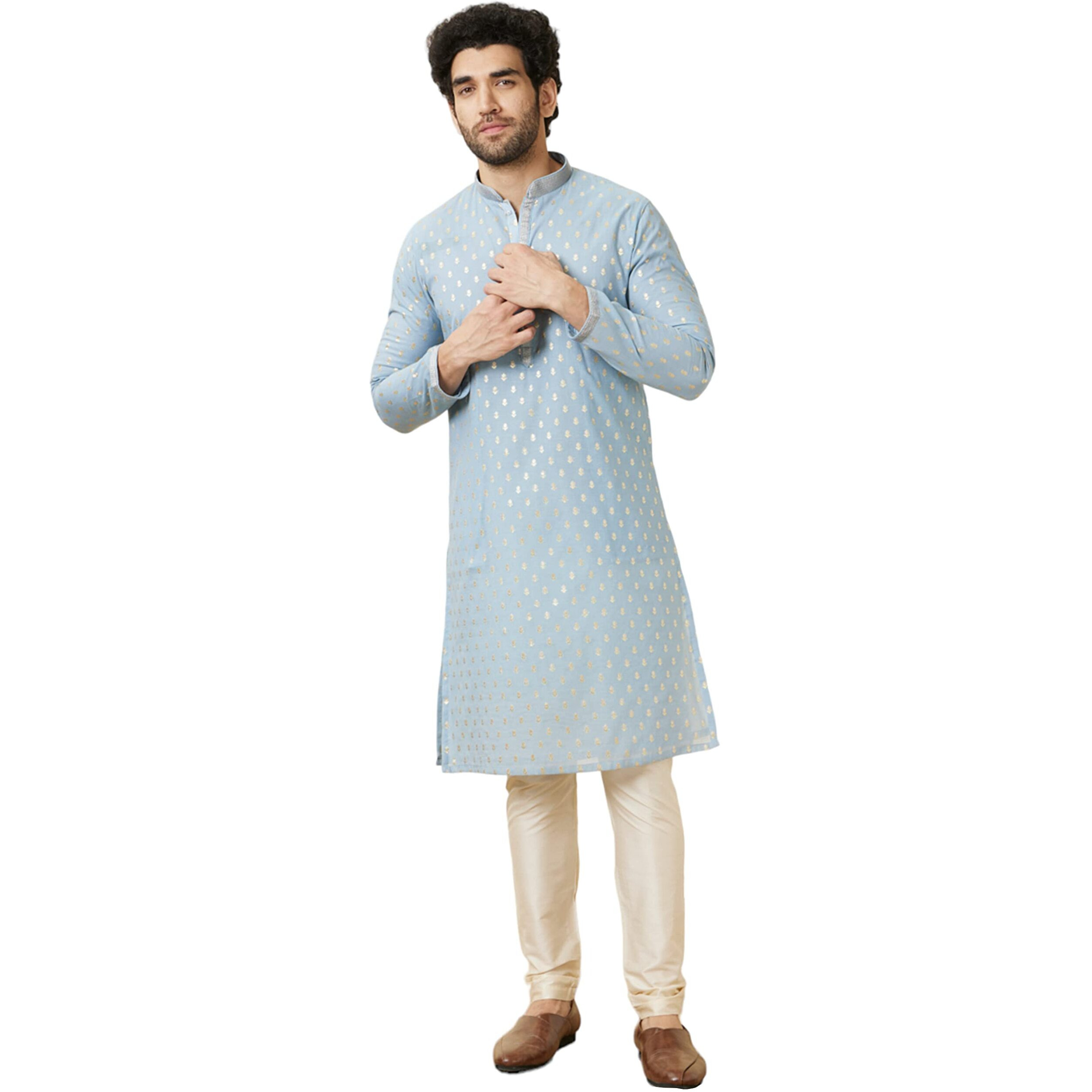 Manyavar Men's Chanderi Self Design Full Sleeves Knee Length Kurta Set (Grey, S)
