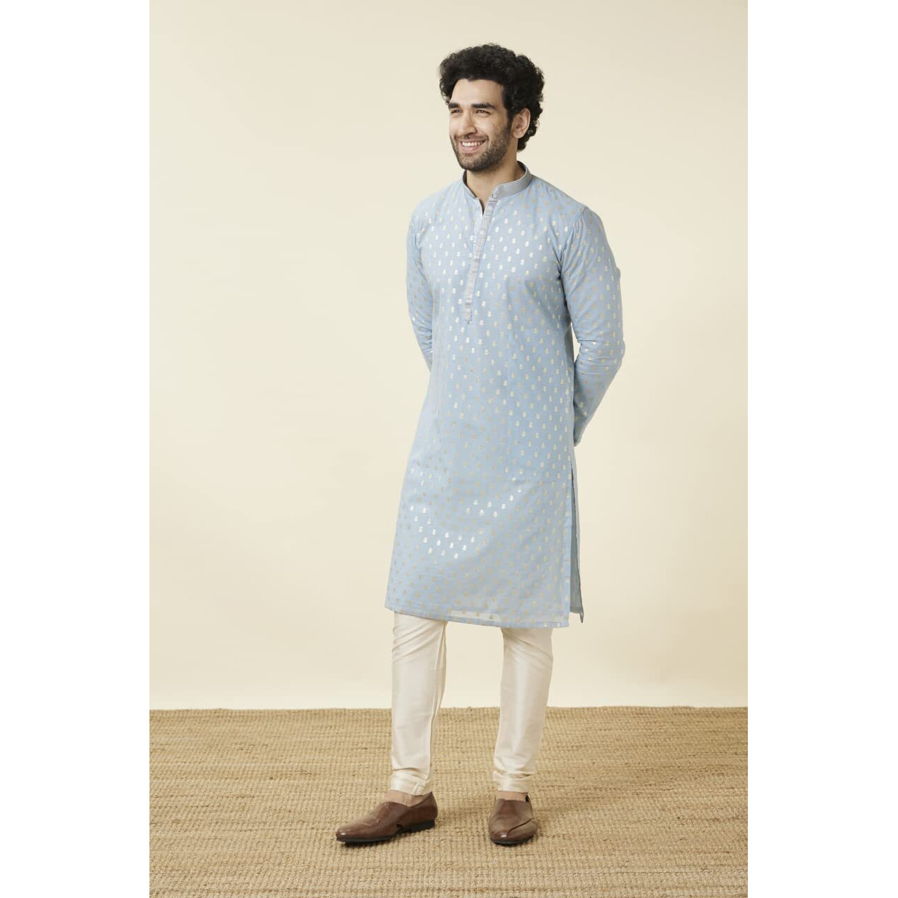 Manyavar Men's Chanderi Self Design Full Sleeves Knee Length Kurta Set (Grey, S)