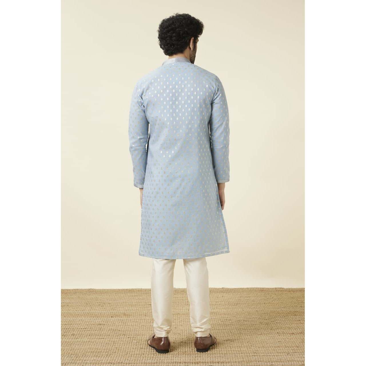 Manyavar Men's Chanderi Self Design Full Sleeves Knee Length Kurta Set (Grey, S)