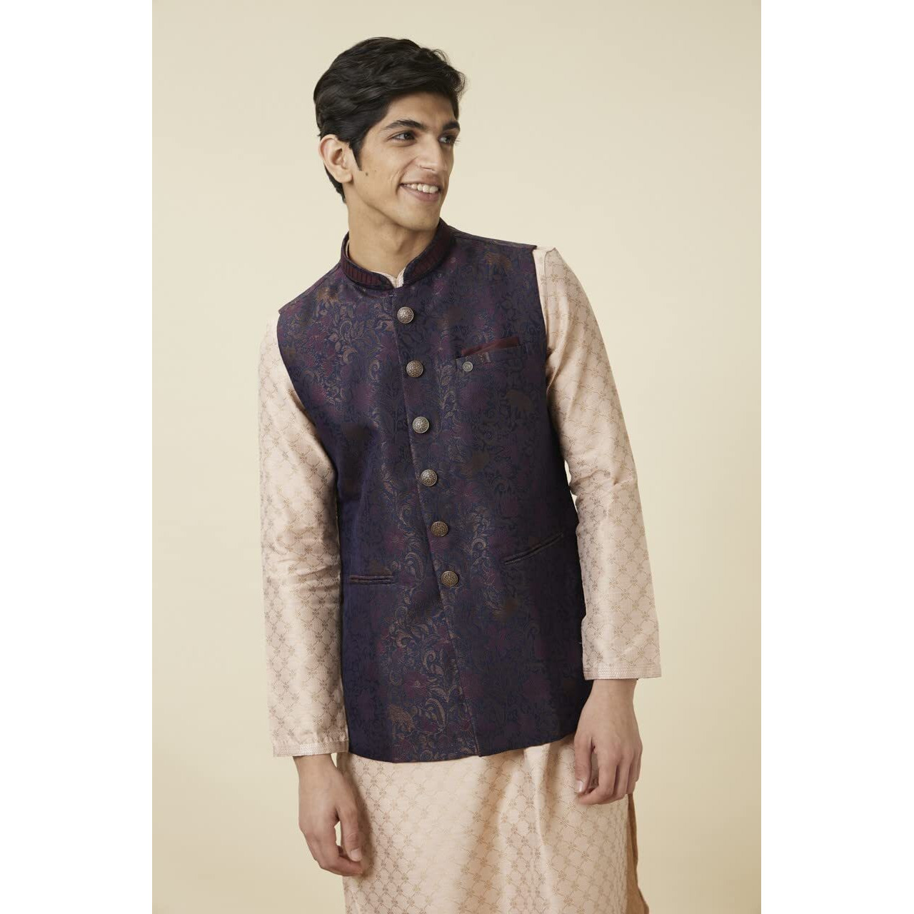 Manyavar Men's Art Silk Self Design Sleeveless Mandarin Collar Traditional Nehru Jacket (Blue,M)