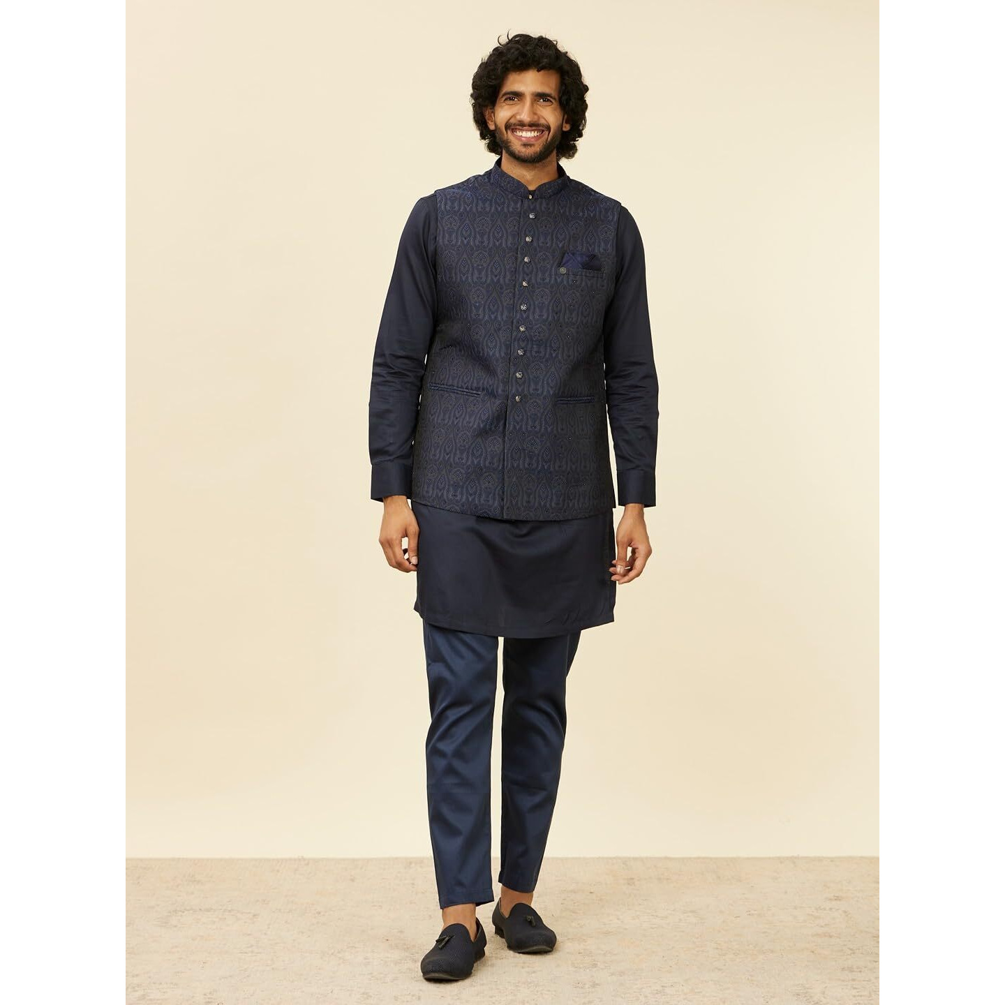 Manyavar Dark Blue Brocade Embroidery|Stone Work Jackets for Men