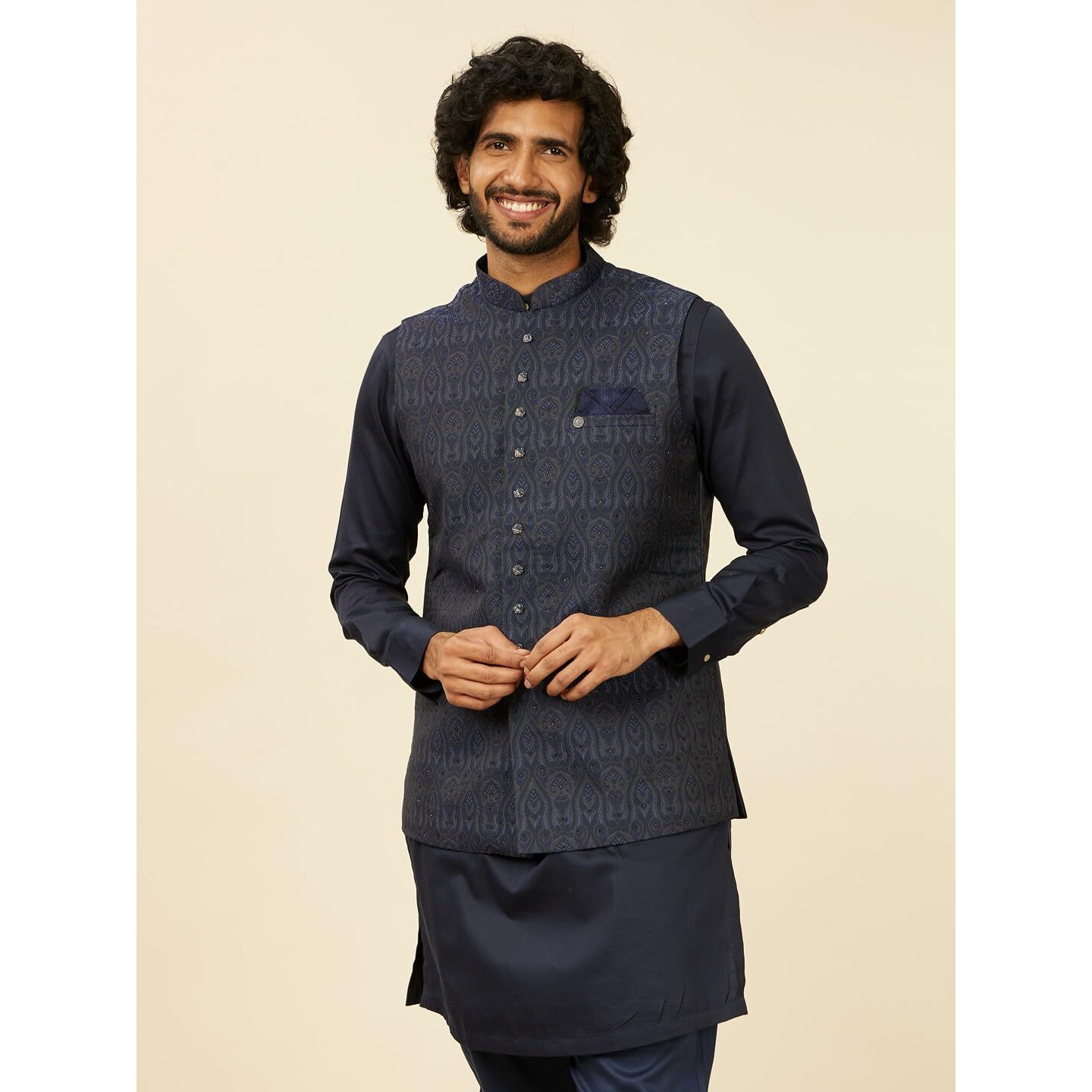 Manyavar Dark Blue Brocade Embroidery|Stone Work Jackets for Men