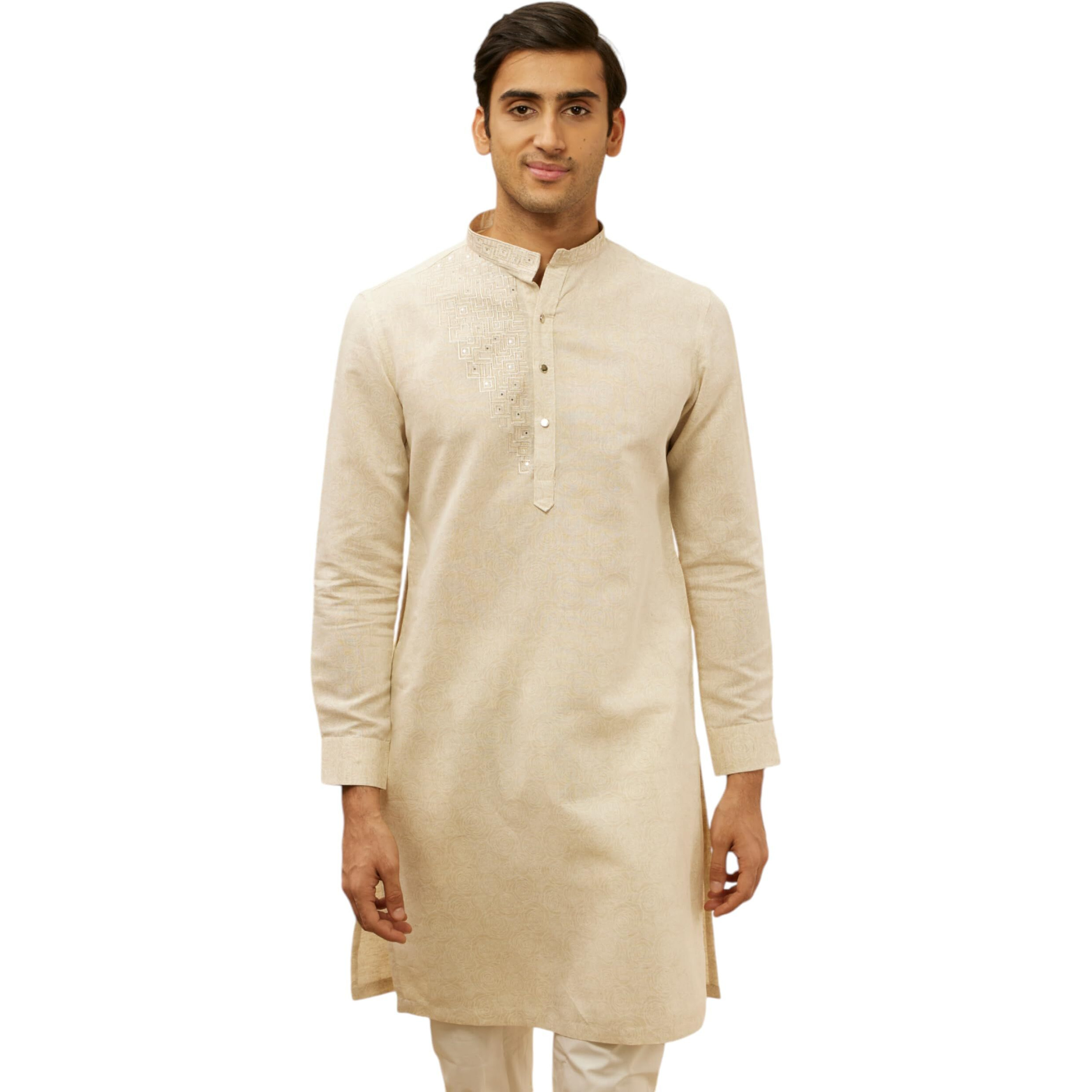 Manyavar Men's Natural Beige Embroidered Neckline Kurta (XL)