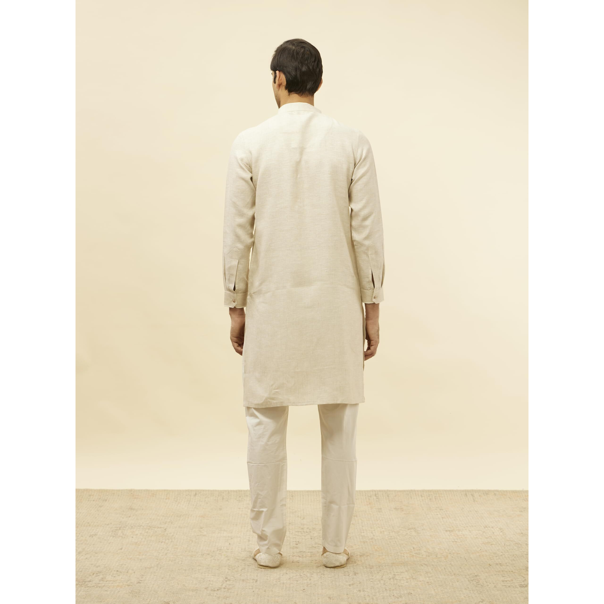 Manyavar Men's Natural Beige Embroidered Neckline Kurta (XL)