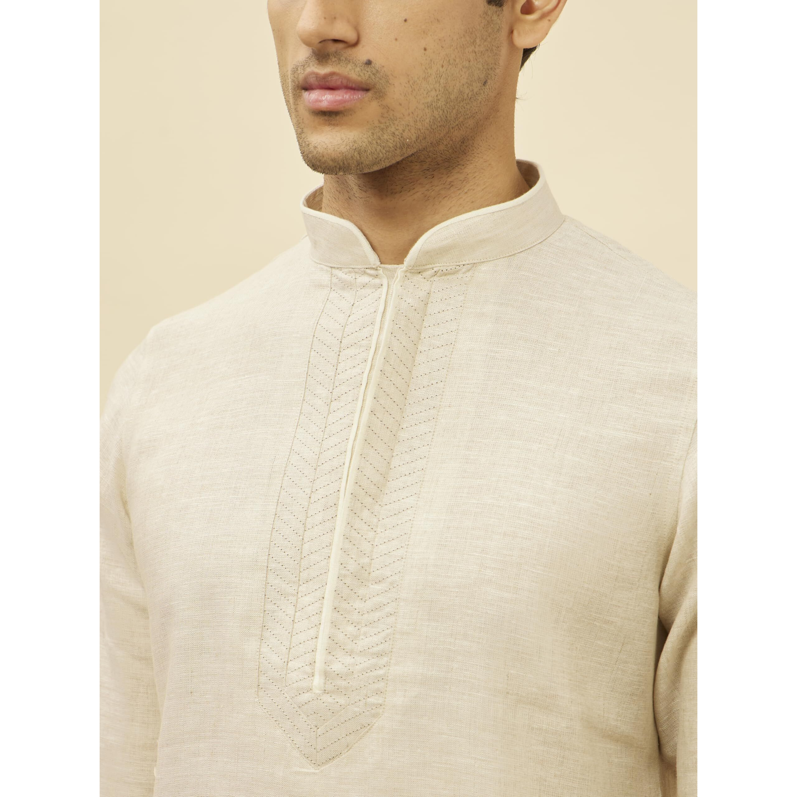 Manyavar Men's Natural Beige Embroidered Neckline Kurta (XL)