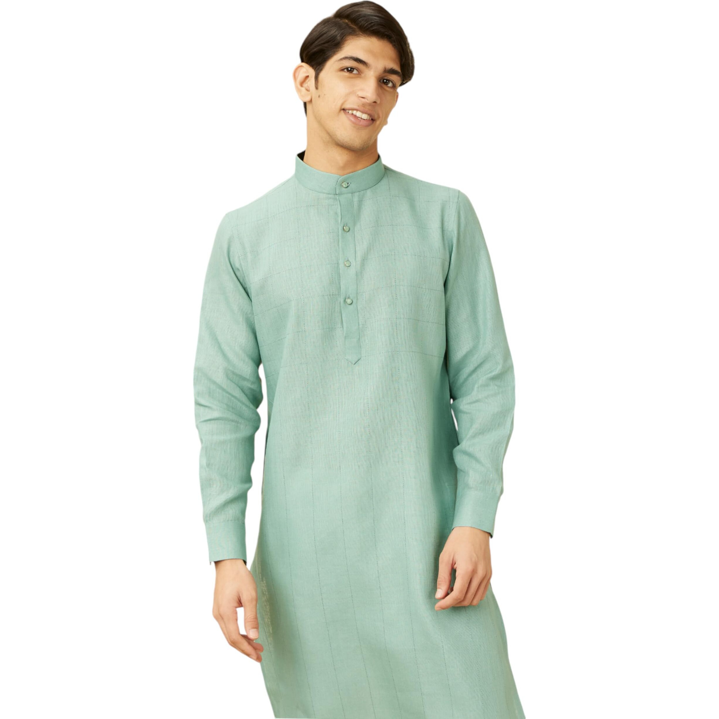 Manyavar Men's Tropical Blue Chequered Kurta (M)