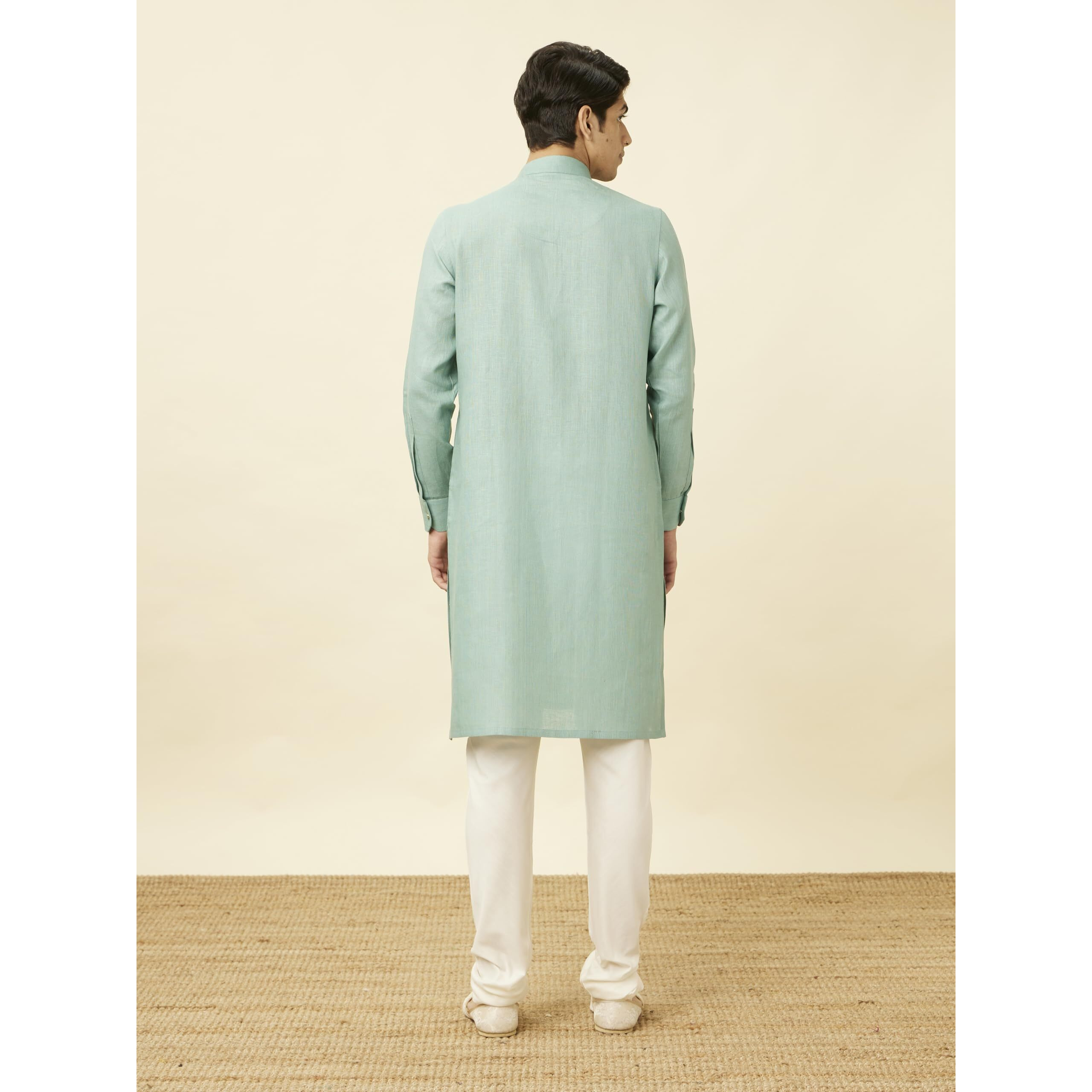 Manyavar Men's Tropical Blue Chequered Kurta (M)