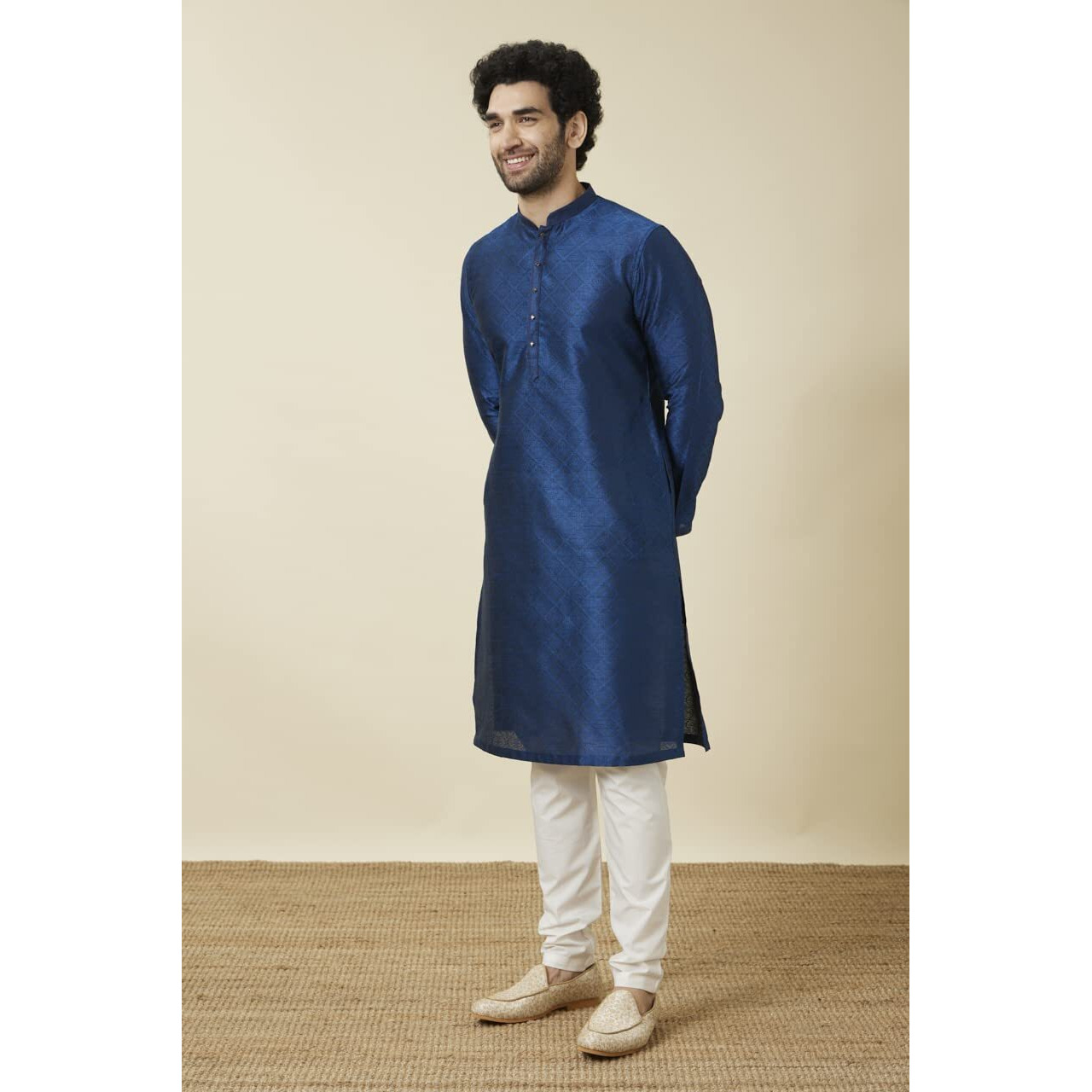 Manyavar Men's Art Silk Self Design Full Sleeves Knee Length Kurta Set (Blue, L)