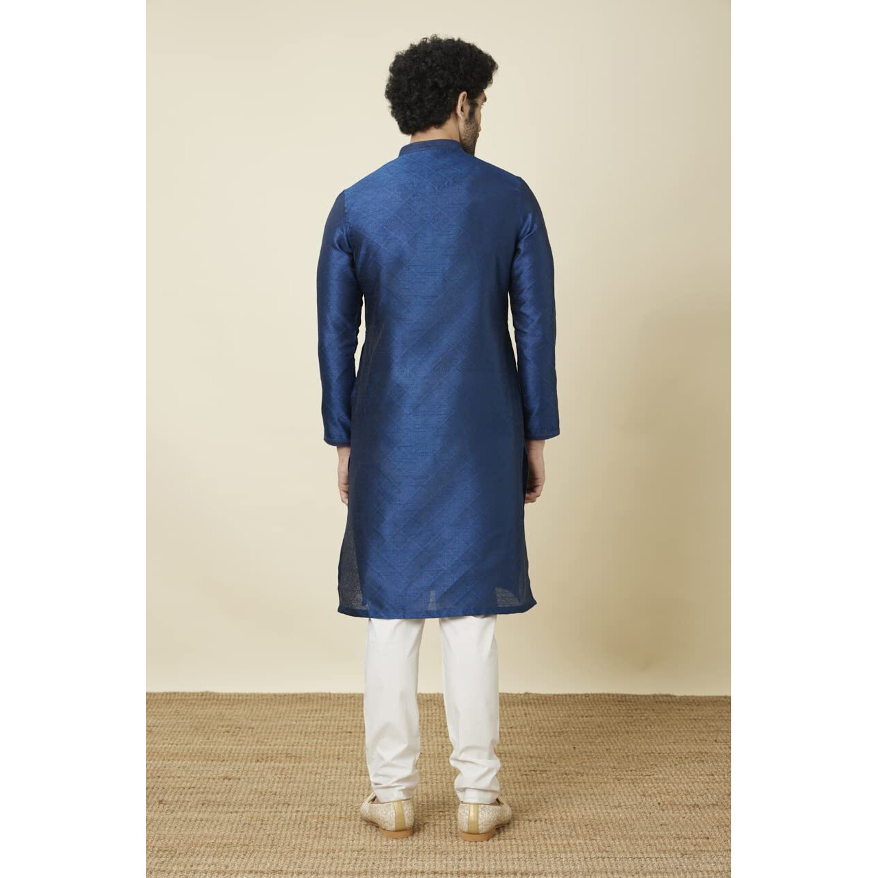 Manyavar Men's Art Silk Self Design Full Sleeves Knee Length Kurta Set (Blue, L)