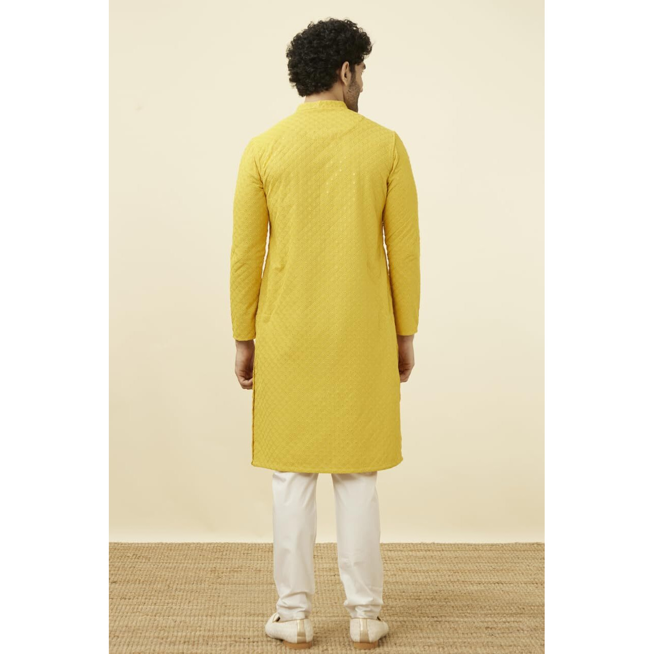 Manyavar Men's Blended Cotton Embroidered Full Sleeves Casual,Traditional Kurta & Payjama Set (Mustard, L)